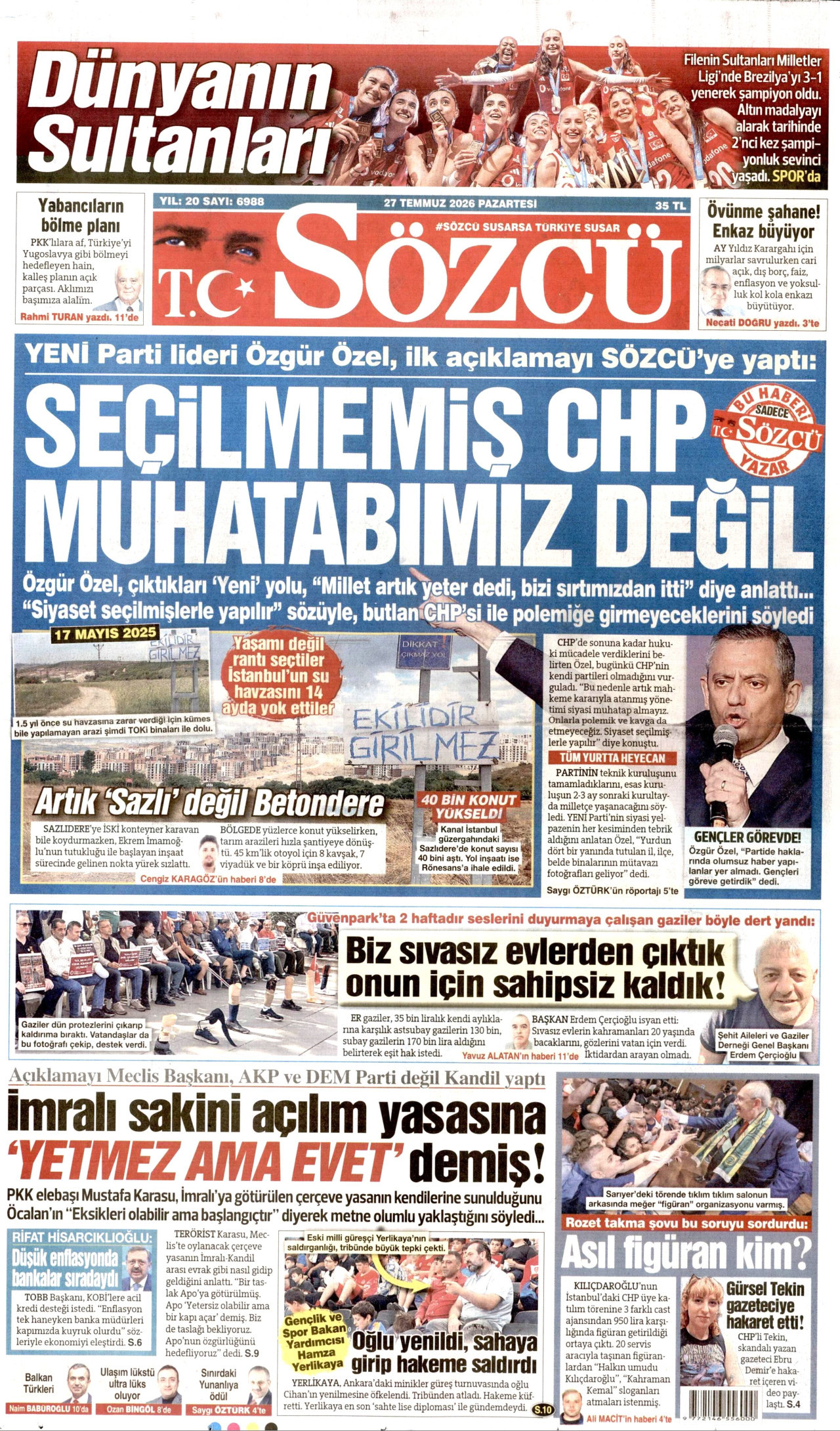 SÖZCÜ gazetesinin 27 Temmuz 2026 tarihli birinci sayfası