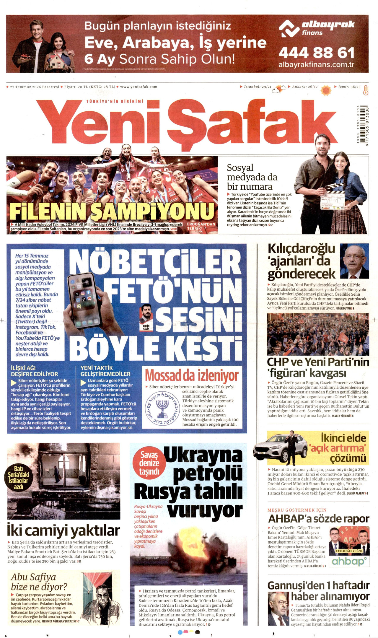YENİ ŞAFAK gazetesinin 27 Temmuz 2026 tarihli birinci sayfası