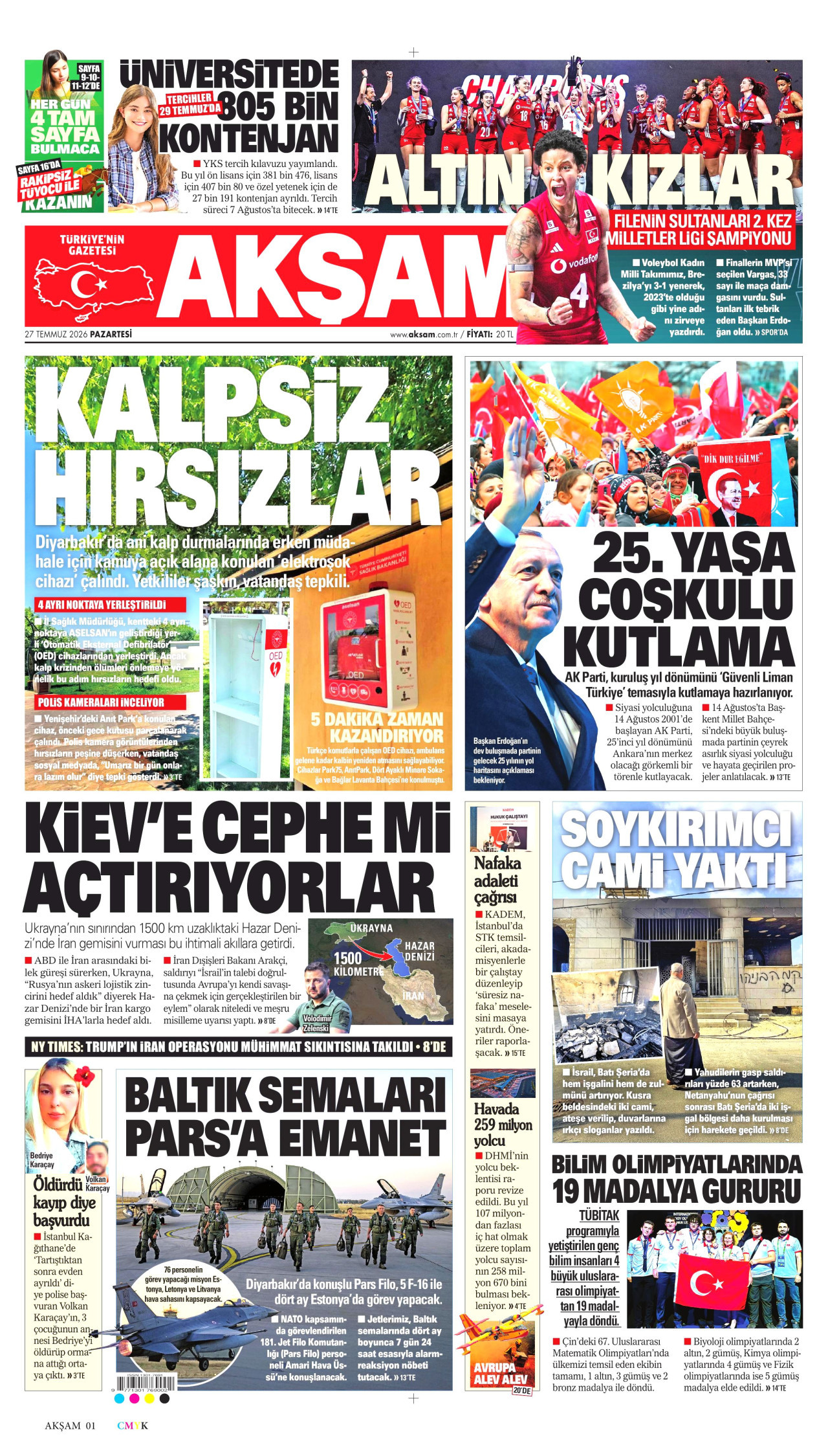 AKŞAM gazetesinin 27 Temmuz 2026 tarihli birinci sayfası