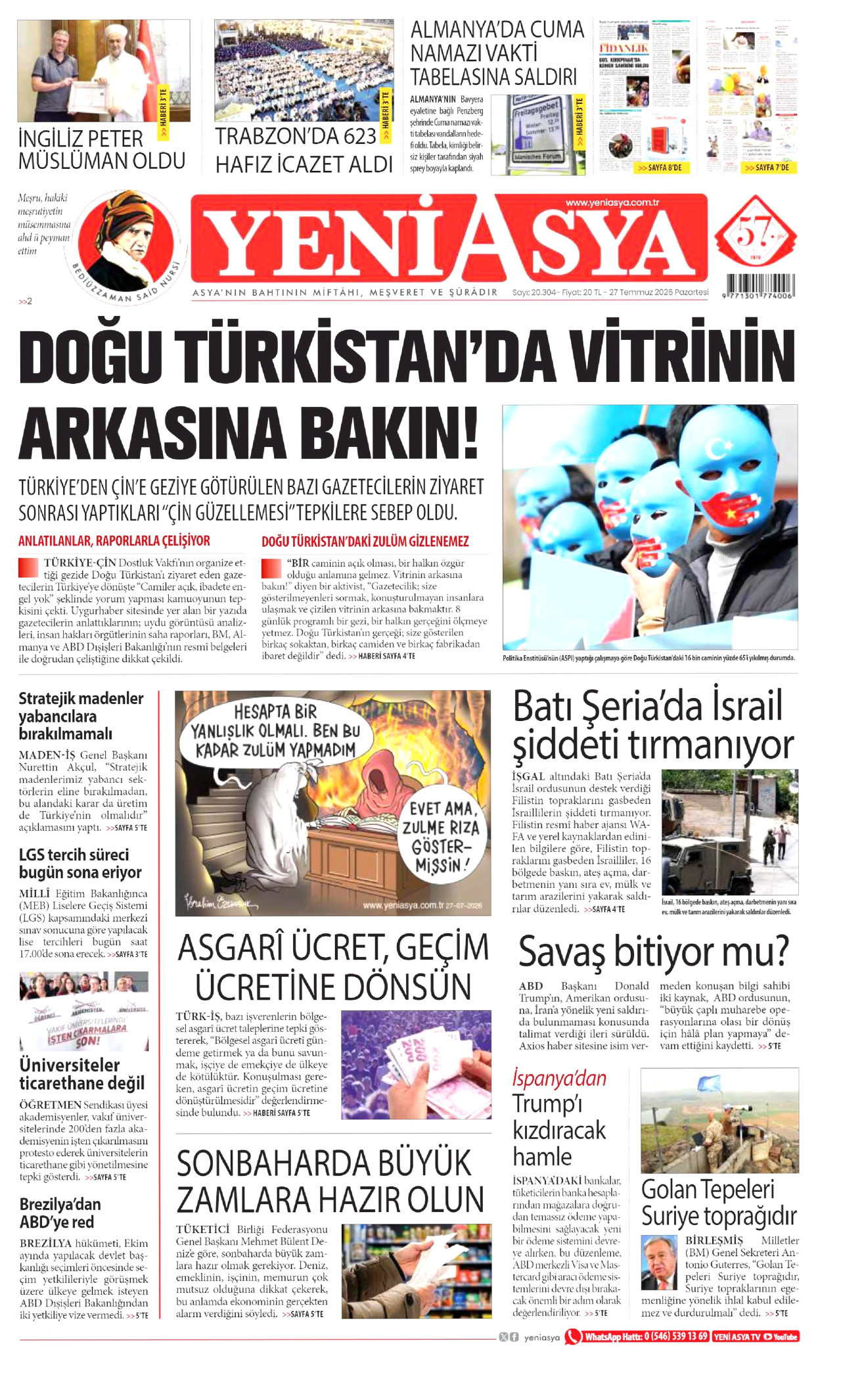 YENİ ASYA gazetesinin 27 Temmuz 2026 tarihli birinci sayfası