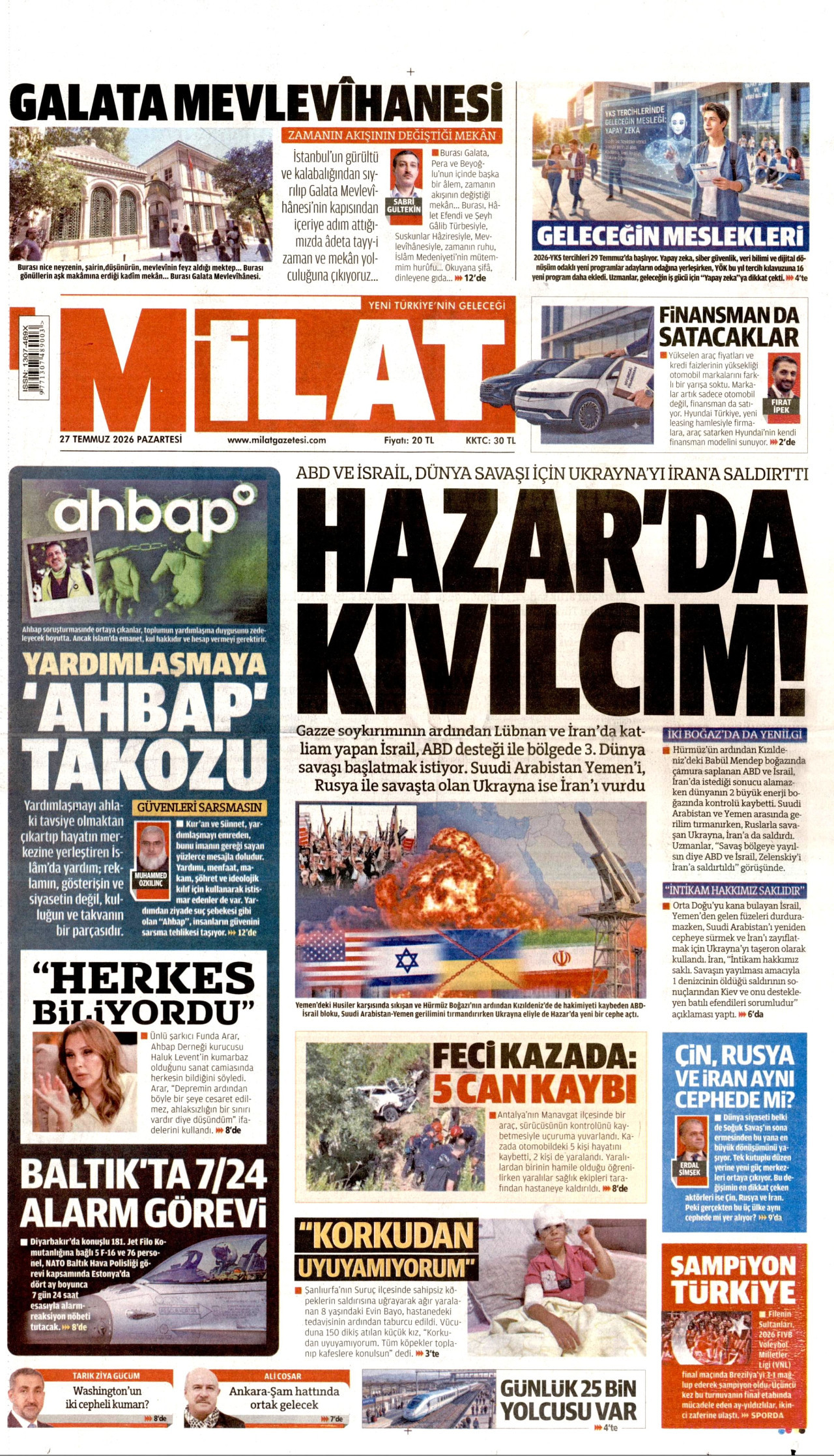 MİLAT gazetesinin 27 Temmuz 2026 tarihli birinci sayfası