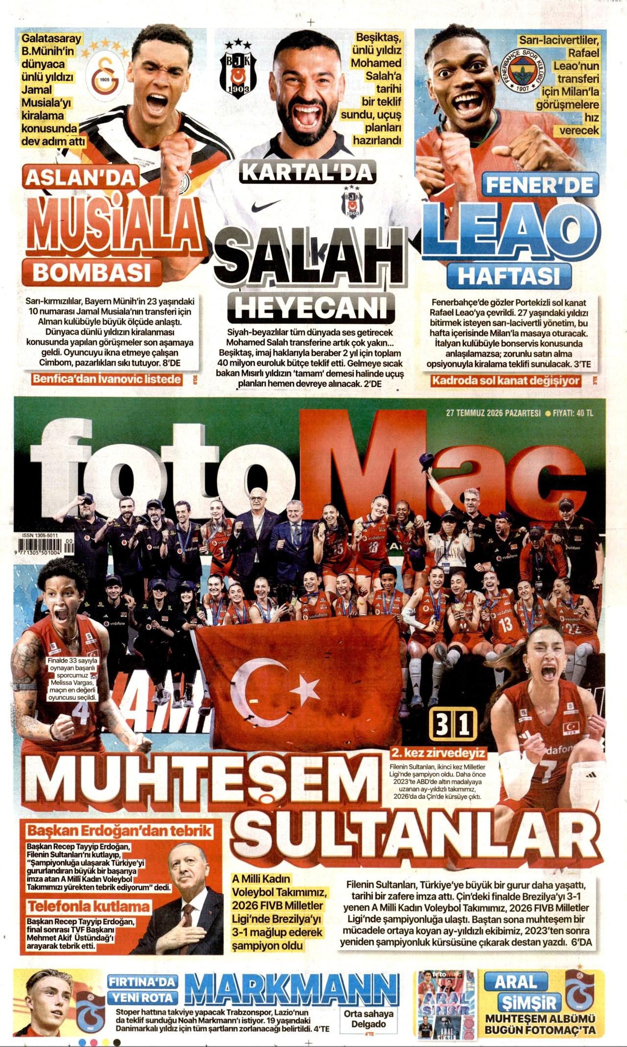 FOTOMAÇ gazetesinin 27 Temmuz 2026 tarihli birinci sayfası
