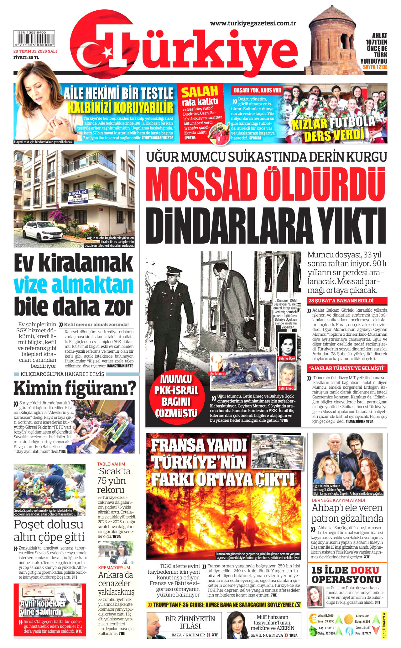 TÜRKİYE GAZETESİ gazetesinin 28 Temmuz 2026 tarihli birinci sayfası