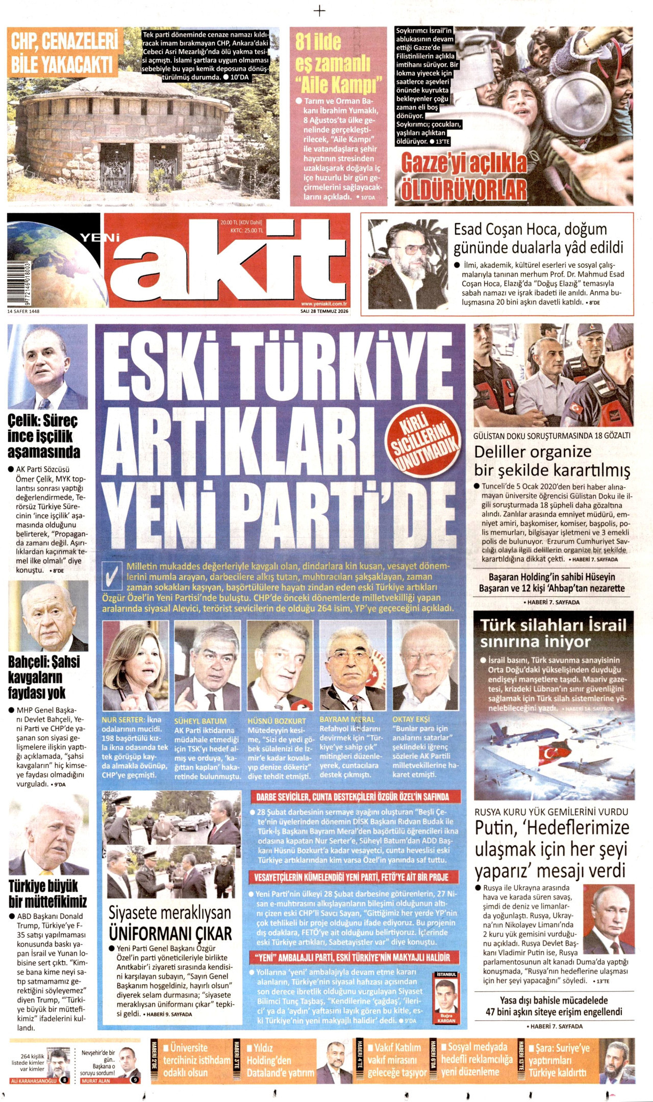YENİ AKİT gazetesinin 28 Temmuz 2026 tarihli birinci sayfası
