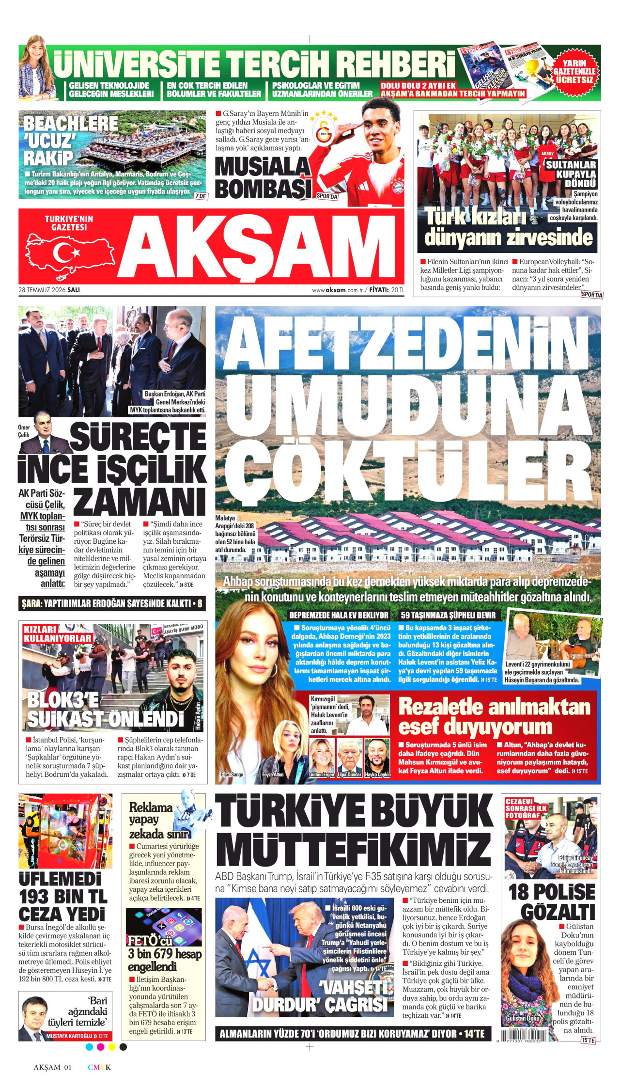 AKŞAM gazetesinin 28 Temmuz 2026 tarihli birinci sayfası