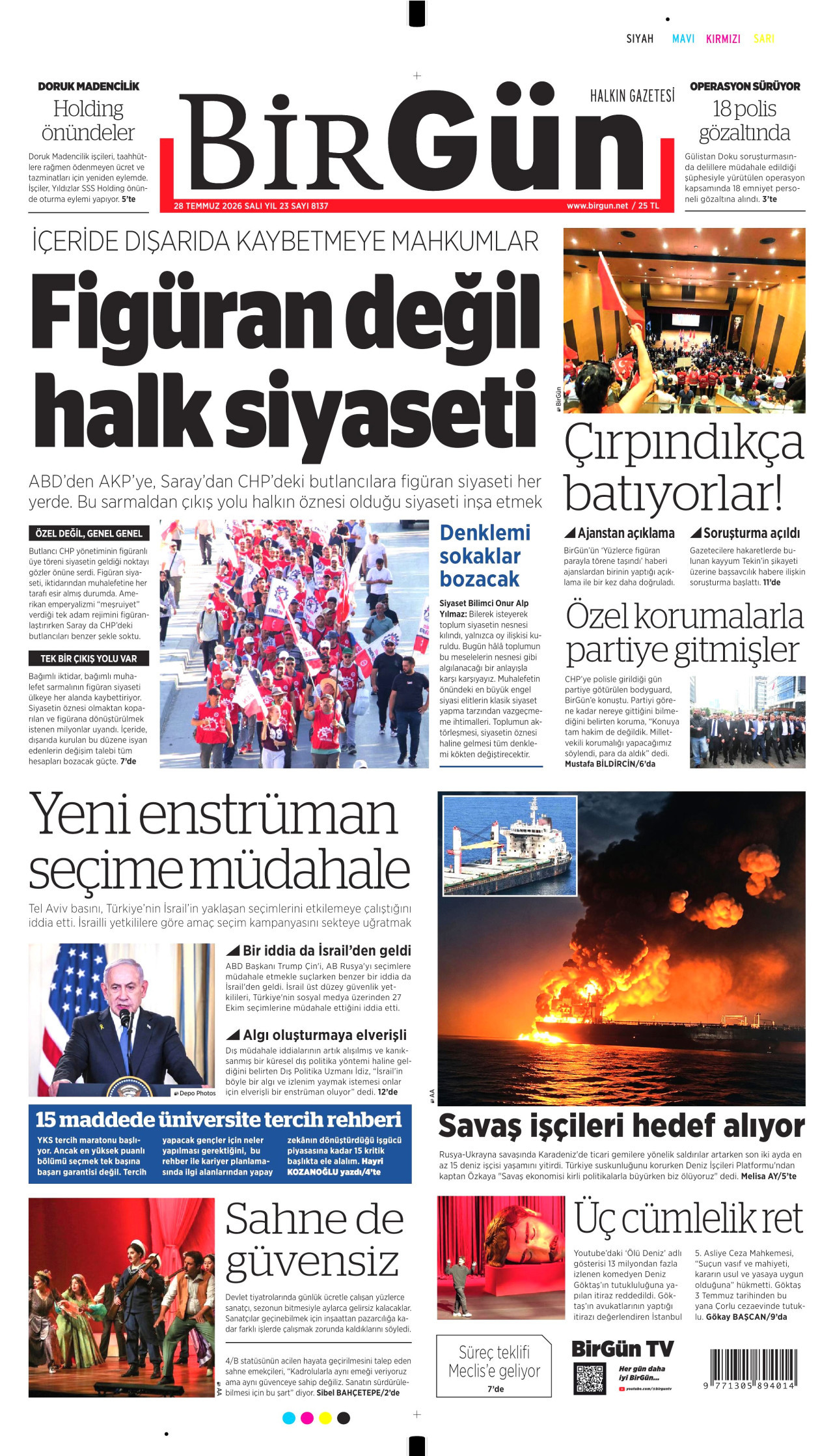 BİRGÜN gazetesinin 28 Temmuz 2026 tarihli birinci sayfası