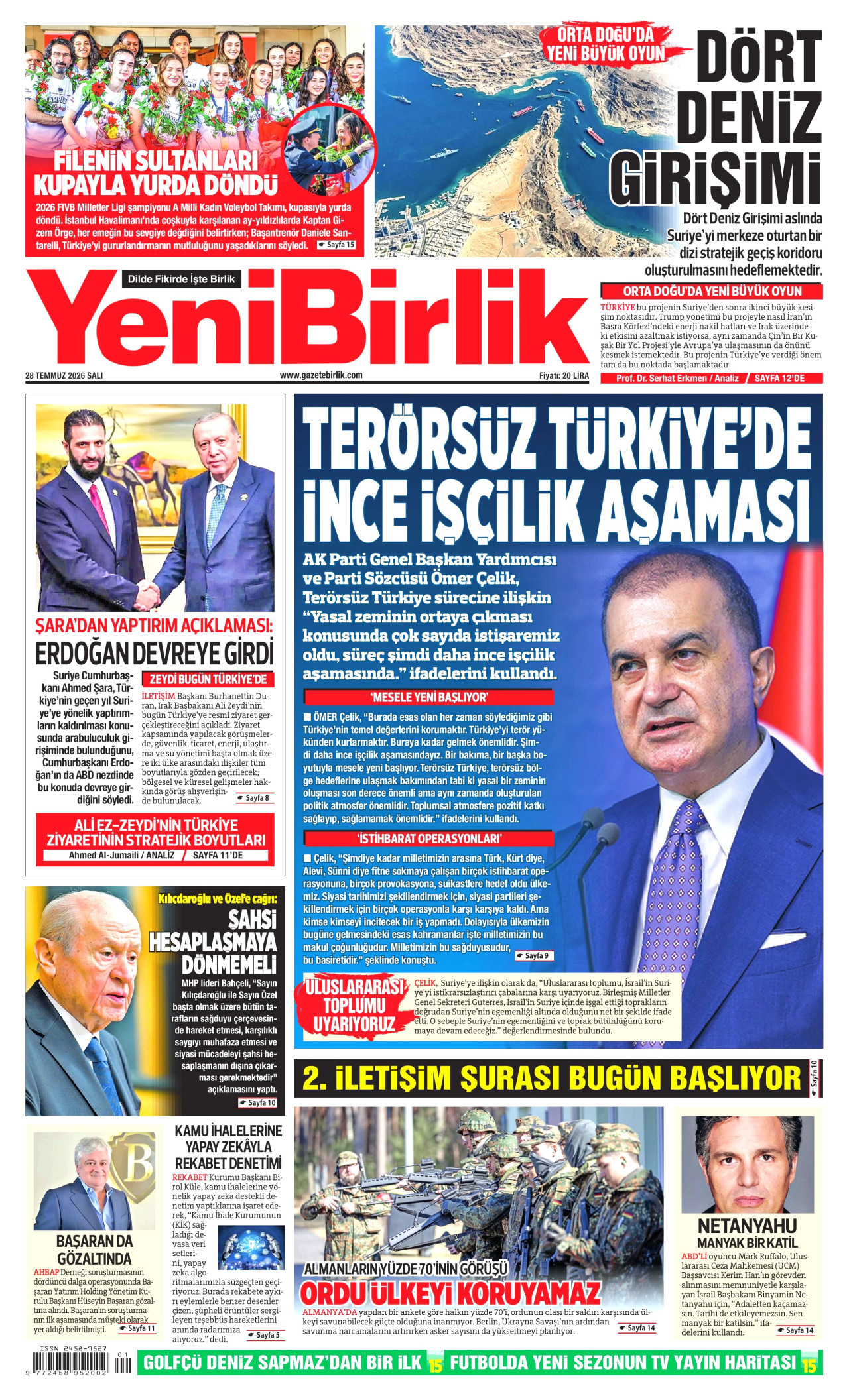 YENİBİRLİK gazetesinin 28 Temmuz 2026 tarihli birinci sayfası