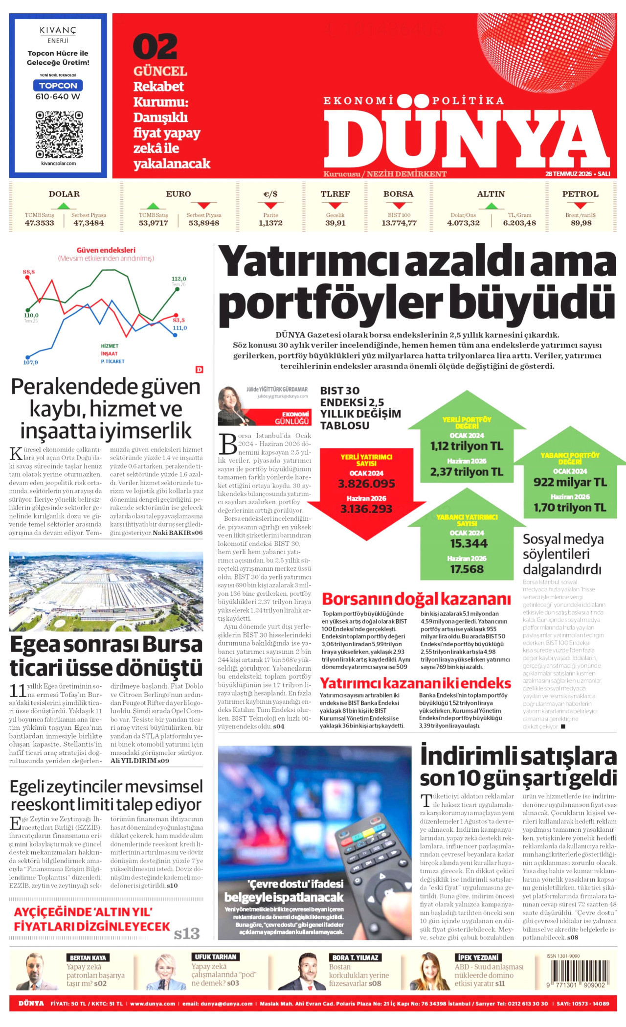 DÜNYA gazetesinin 28 Temmuz 2026 tarihli birinci sayfası