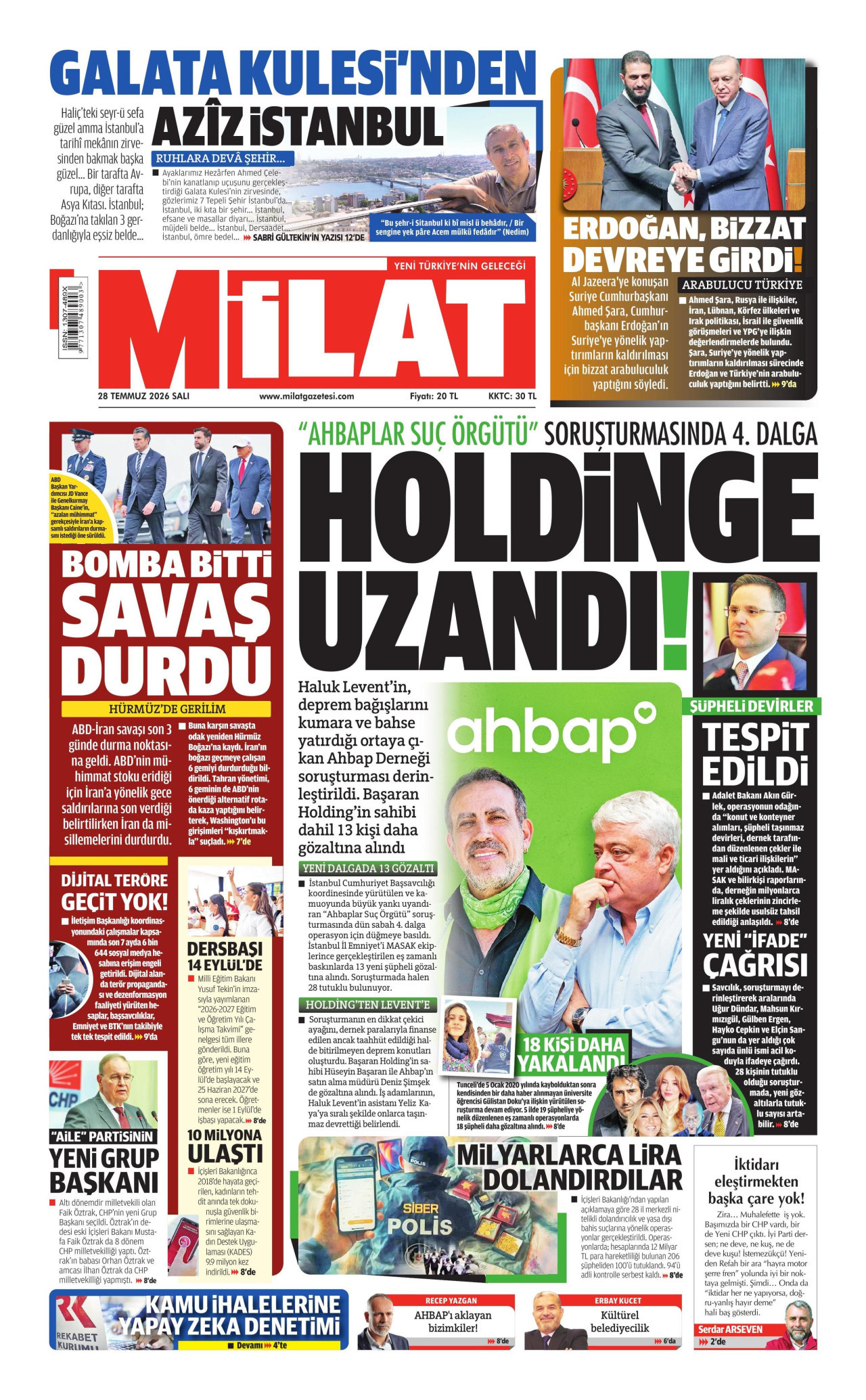 MİLAT gazetesinin 28 Temmuz 2026 tarihli birinci sayfası