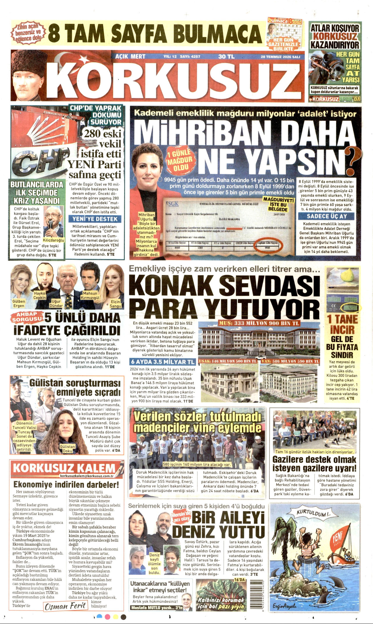 KORKUSUZ gazetesinin 28 Temmuz 2026 tarihli birinci sayfası