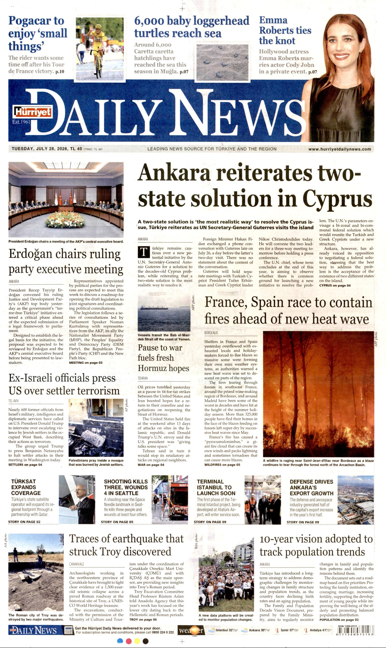 HÜRRİYET DAİLY NEWS gazetesinin 28 Temmuz 2026 tarihli birinci sayfası