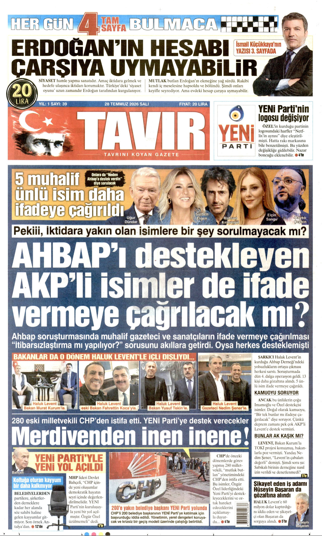 TAVIR GAZETESİ gazetesinin 28 Temmuz 2026 tarihli birinci sayfası
