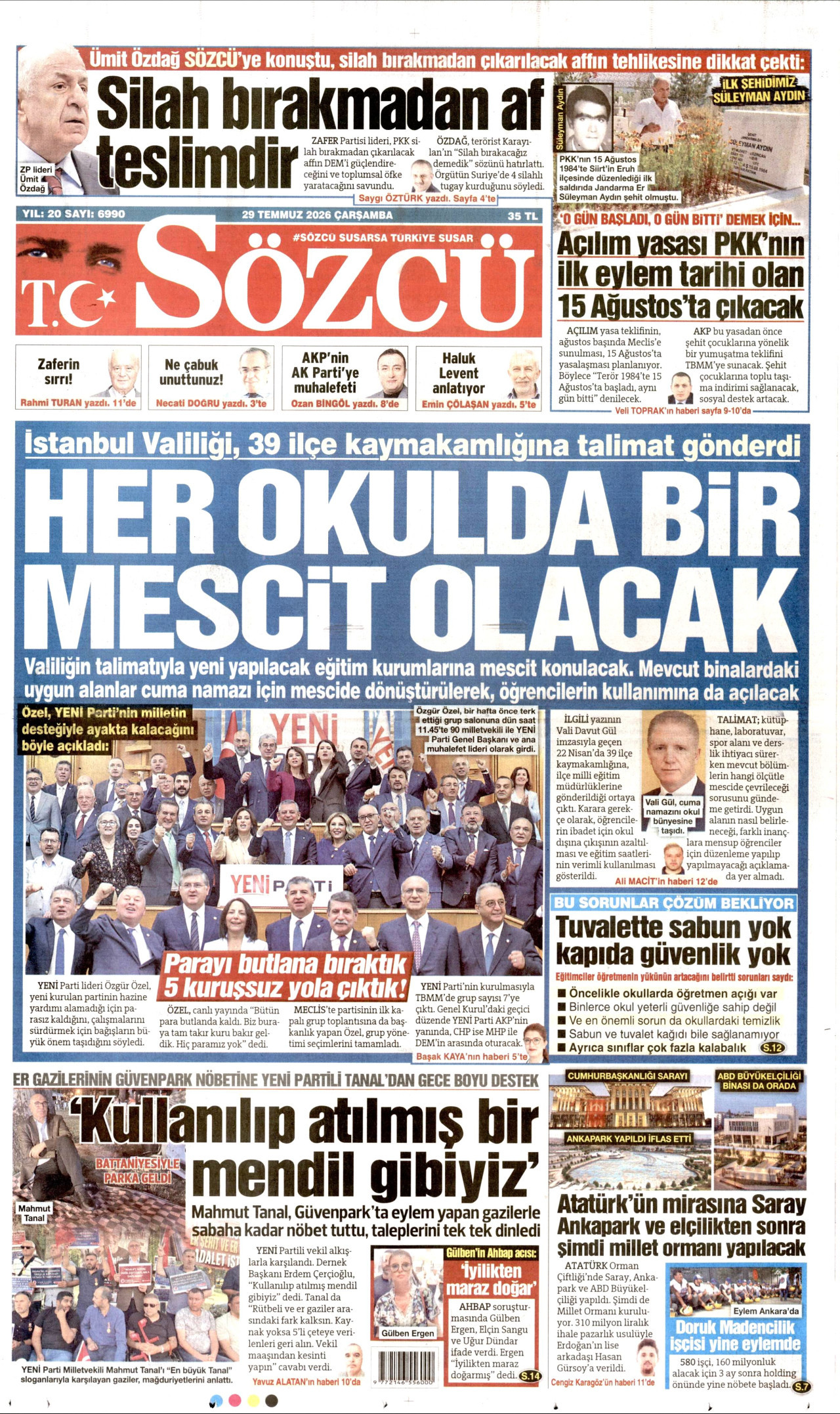 SÖZCÜ gazetesinin 29 Temmuz 2026 tarihli birinci sayfası