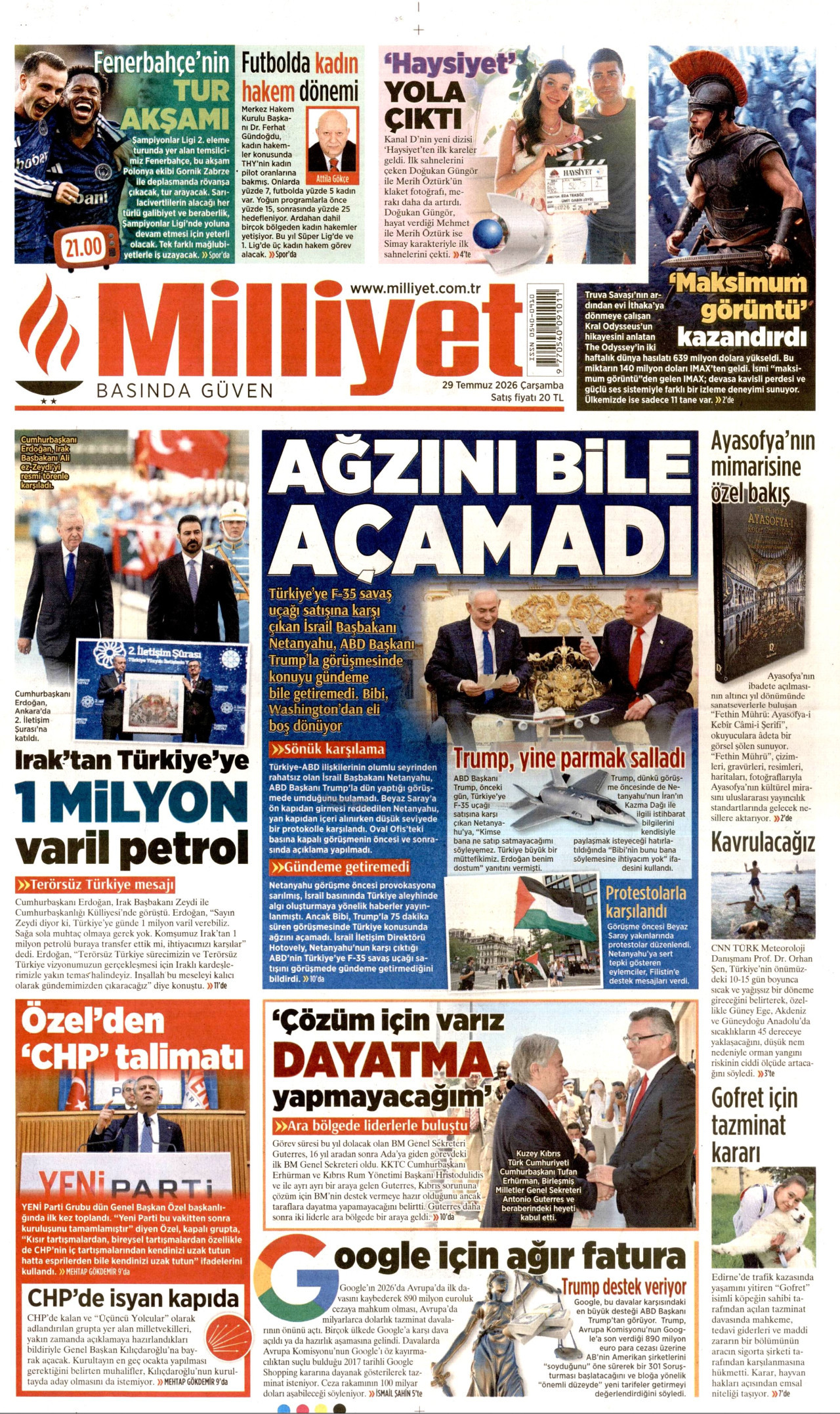 MİLLİYET gazetesinin 29 Temmuz 2026 tarihli birinci sayfası
