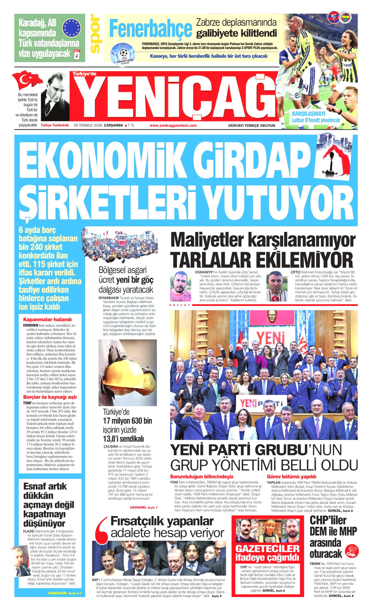 YENİÇAĞ gazetesinin 29 Temmuz 2026 tarihli birinci sayfası
