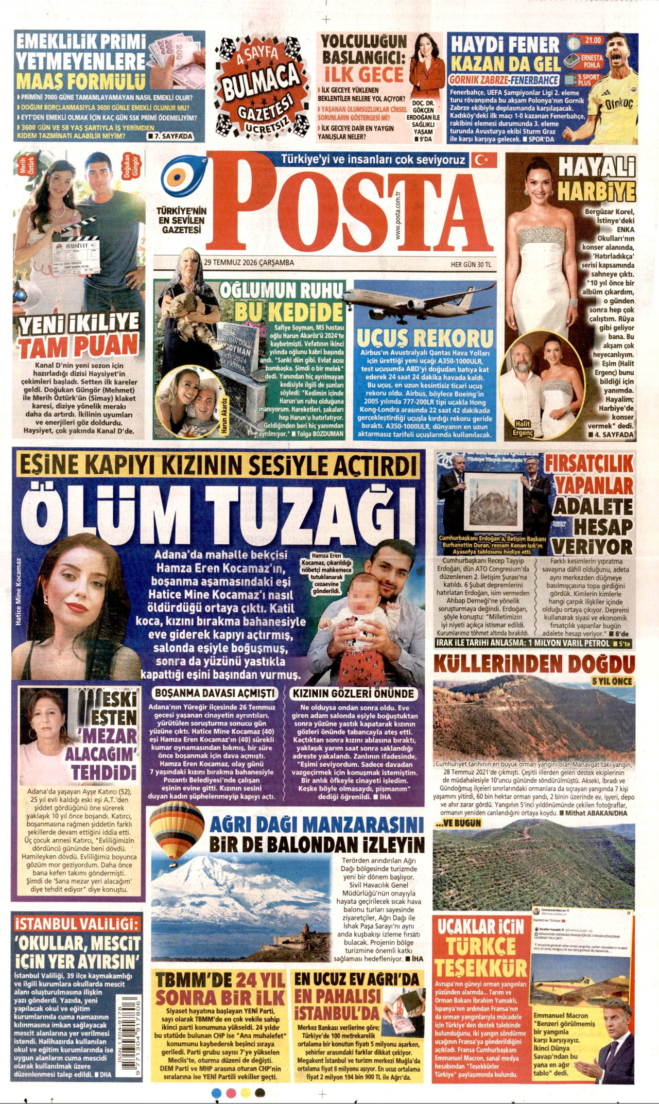 POSTA gazetesinin 29 Temmuz 2026 tarihli birinci sayfası