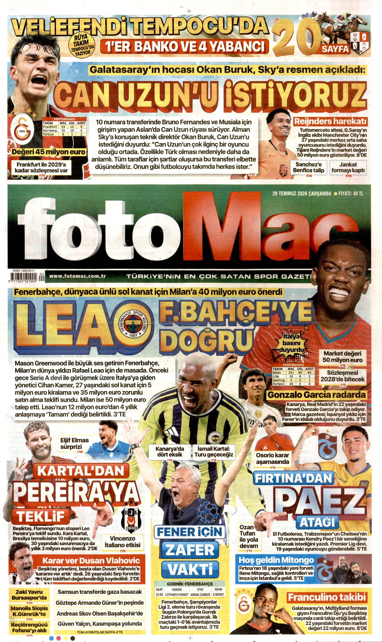 FOTOMAÇ gazetesinin 29 Temmuz 2026 tarihli birinci sayfası