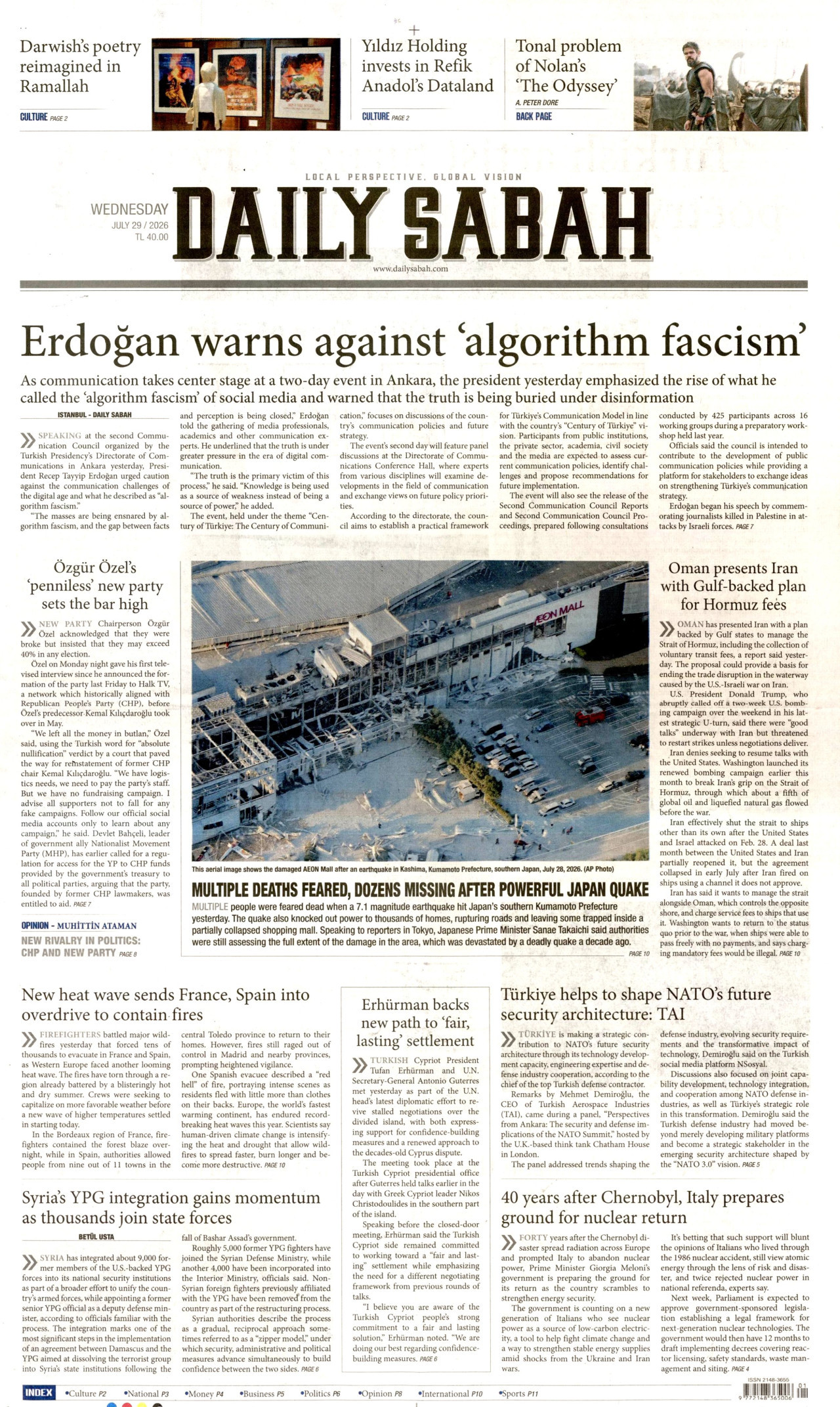 DAİLY SABAH gazetesinin 29 Temmuz 2026 tarihli birinci sayfası