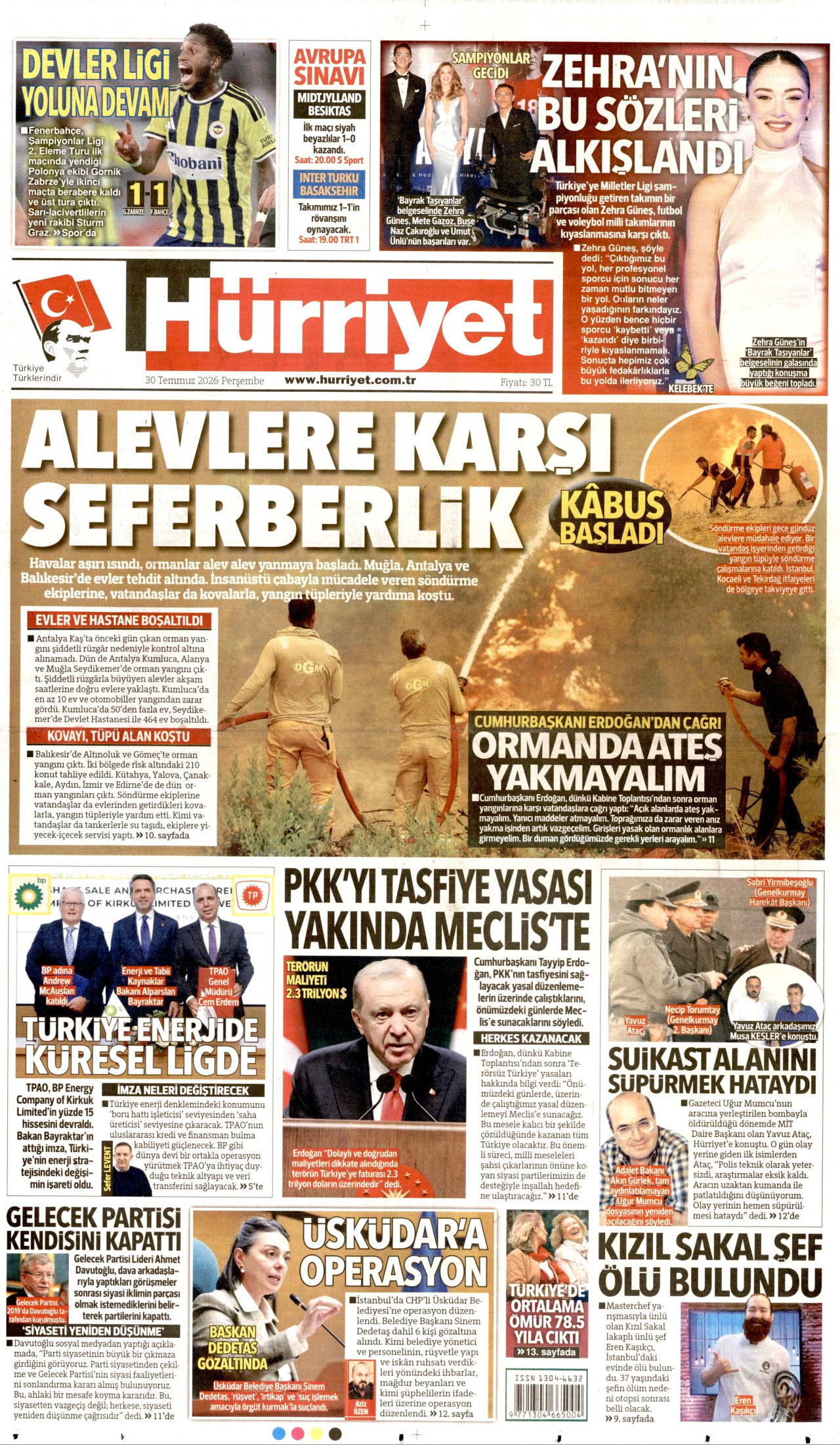 HÜRRİYET gazetesinin 30 Temmuz 2026 tarihli birinci sayfası