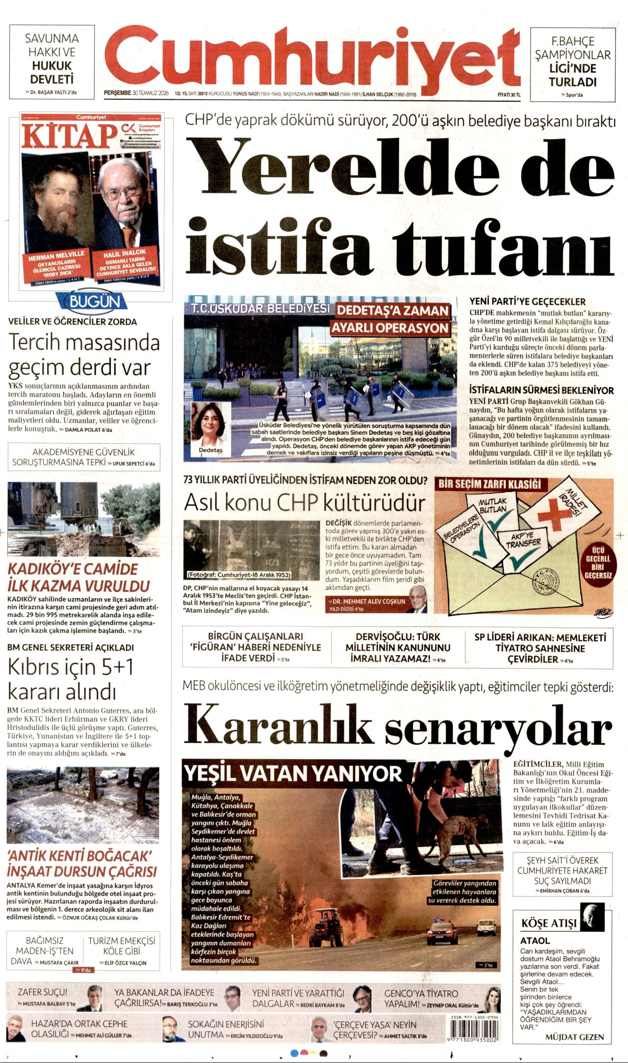 CUMHURİYET gazetesinin 30 Temmuz 2026 tarihli birinci sayfası
