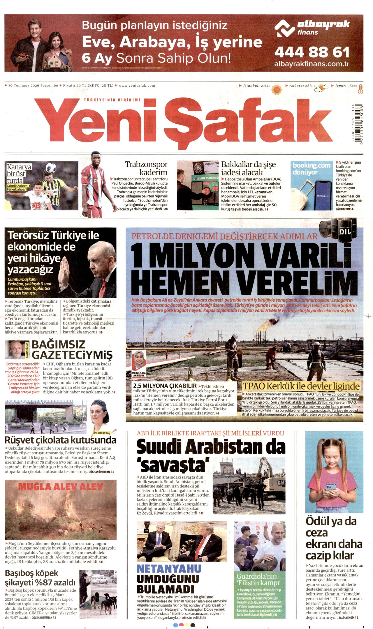 YENİ ŞAFAK gazetesinin 30 Temmuz 2026 tarihli birinci sayfası
