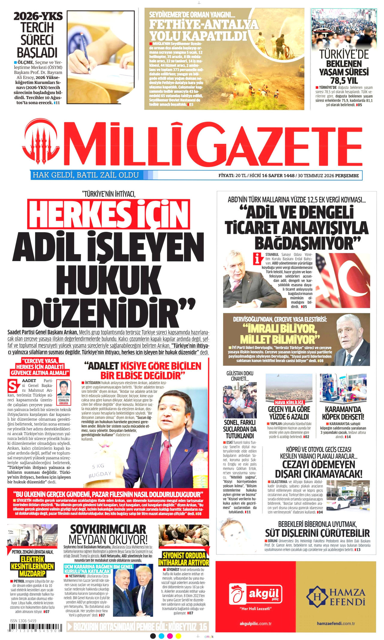 MİLLİ GAZETE gazetesinin 30 Temmuz 2026 tarihli birinci sayfası