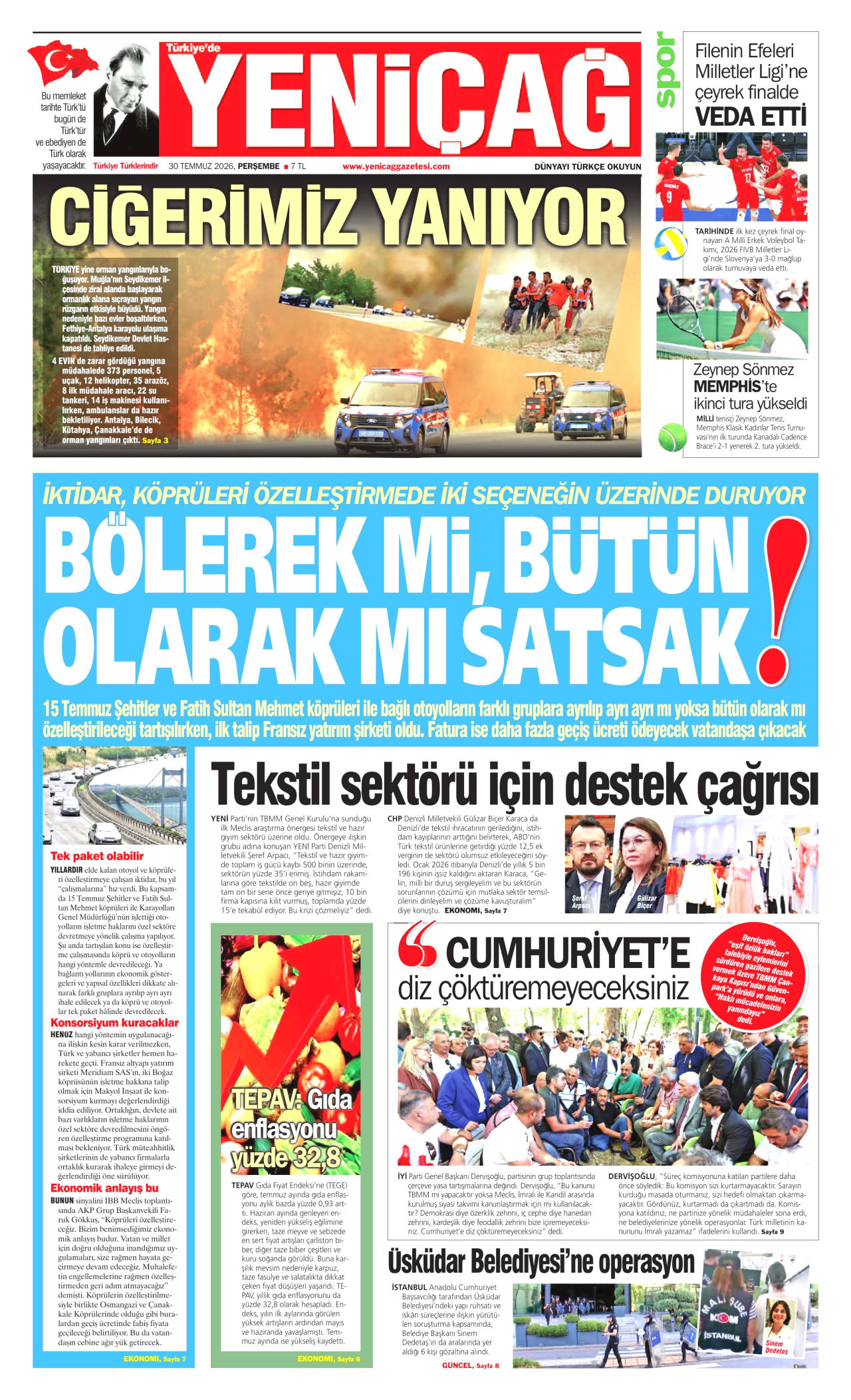 YENİÇAĞ gazetesinin 30 Temmuz 2026 tarihli birinci sayfası