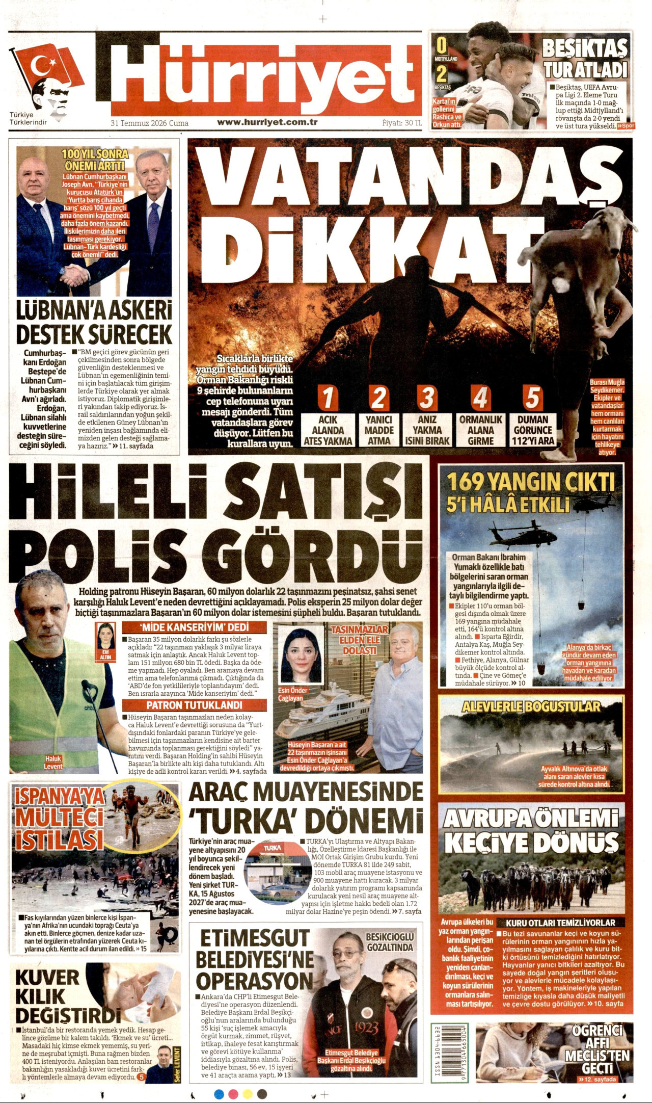 HÜRRİYET gazetesinin 31 Temmuz 2026 tarihli birinci sayfası