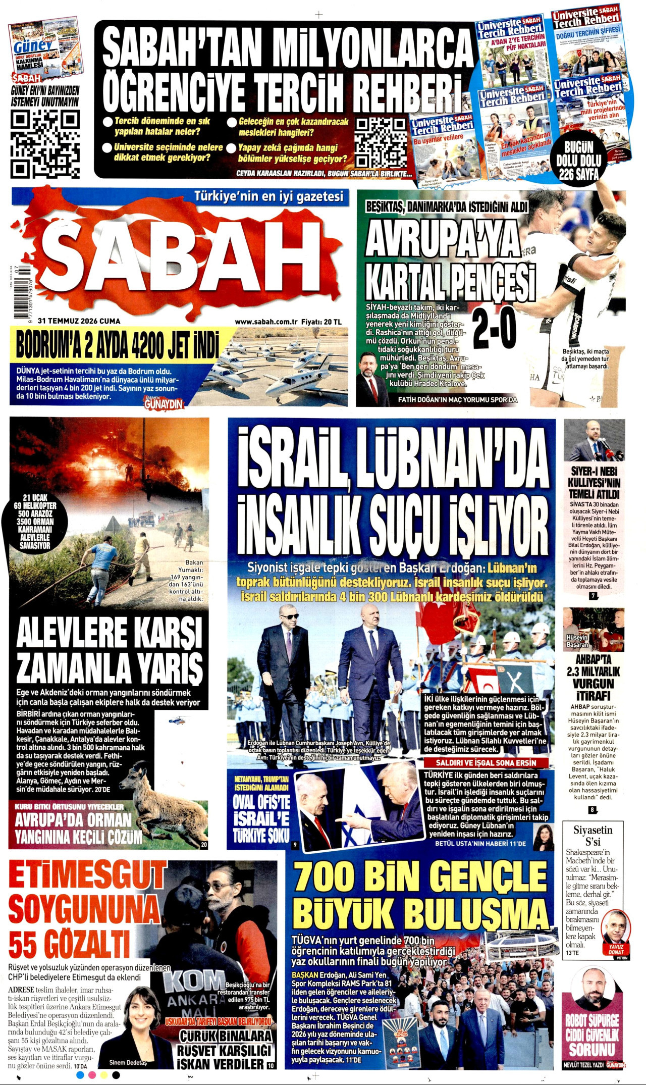 SABAH gazetesinin 31 Temmuz 2026 tarihli birinci sayfası