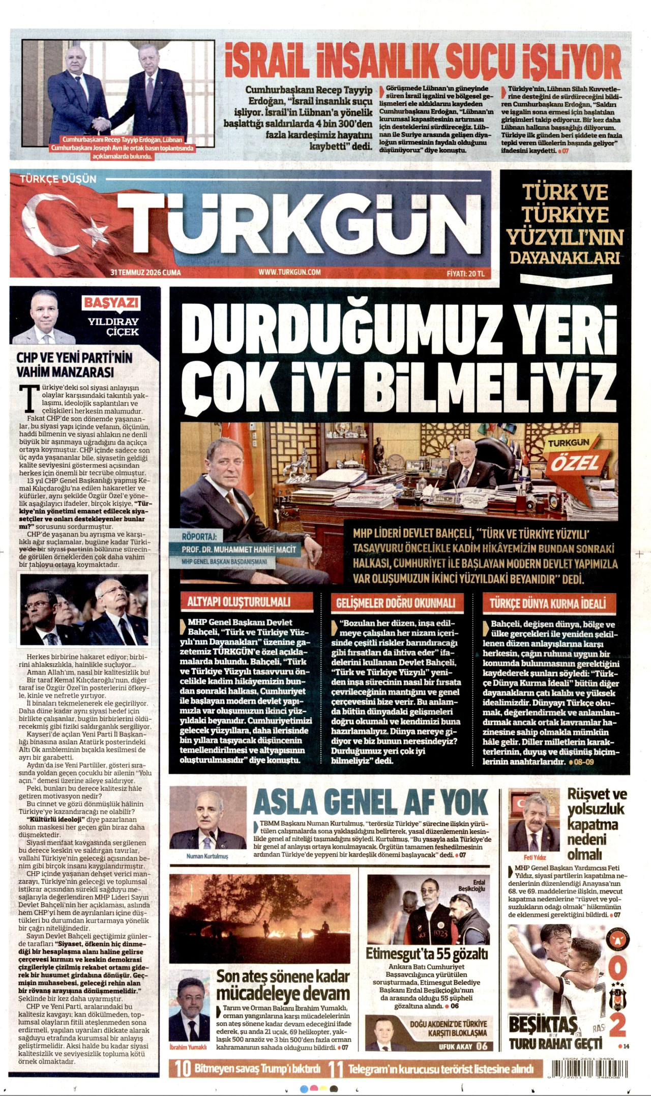 TÜRKGÜN gazetesinin 31 Temmuz 2026 tarihli birinci sayfası