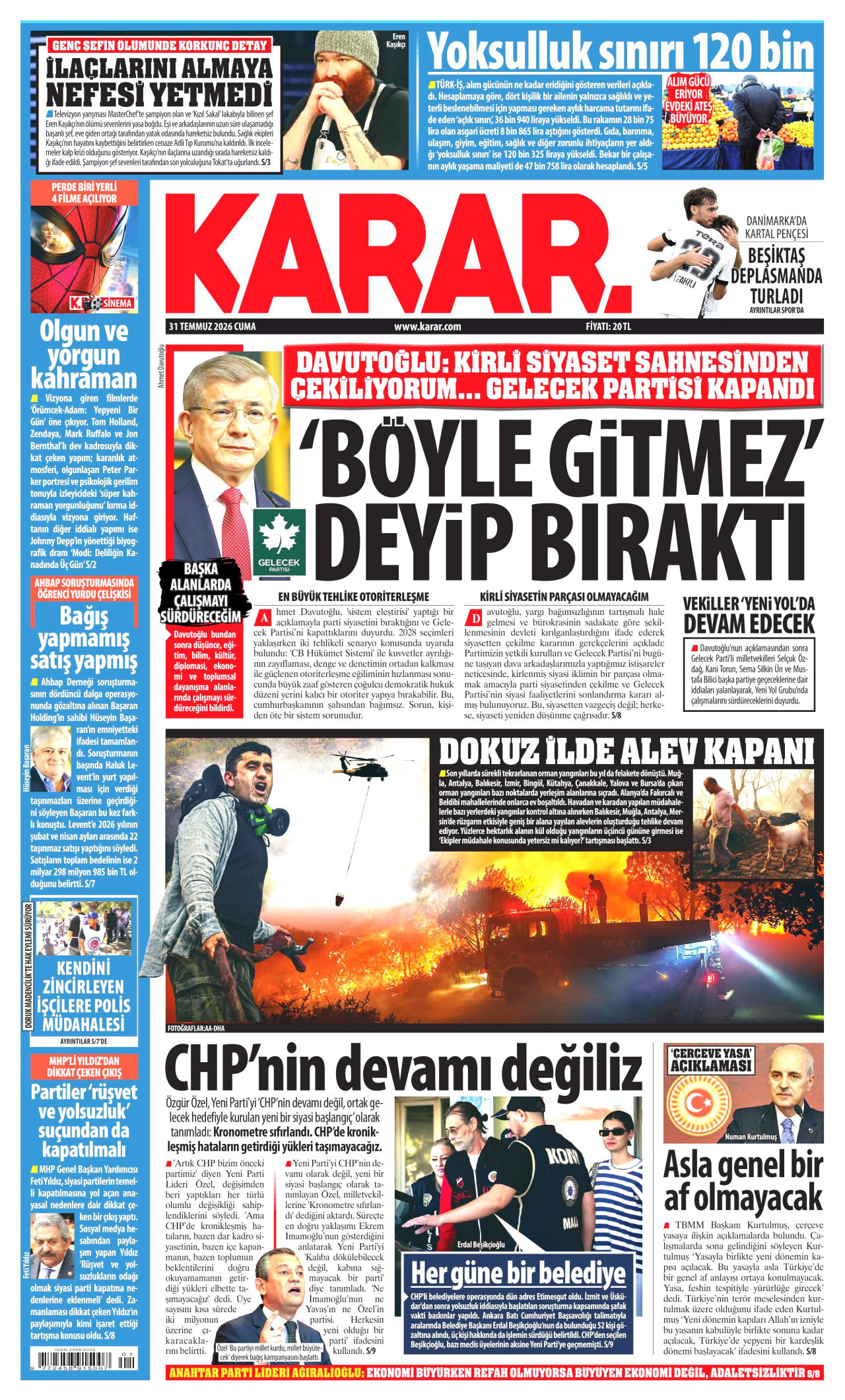 KARAR gazetesinin 31 Temmuz 2026 tarihli birinci sayfası