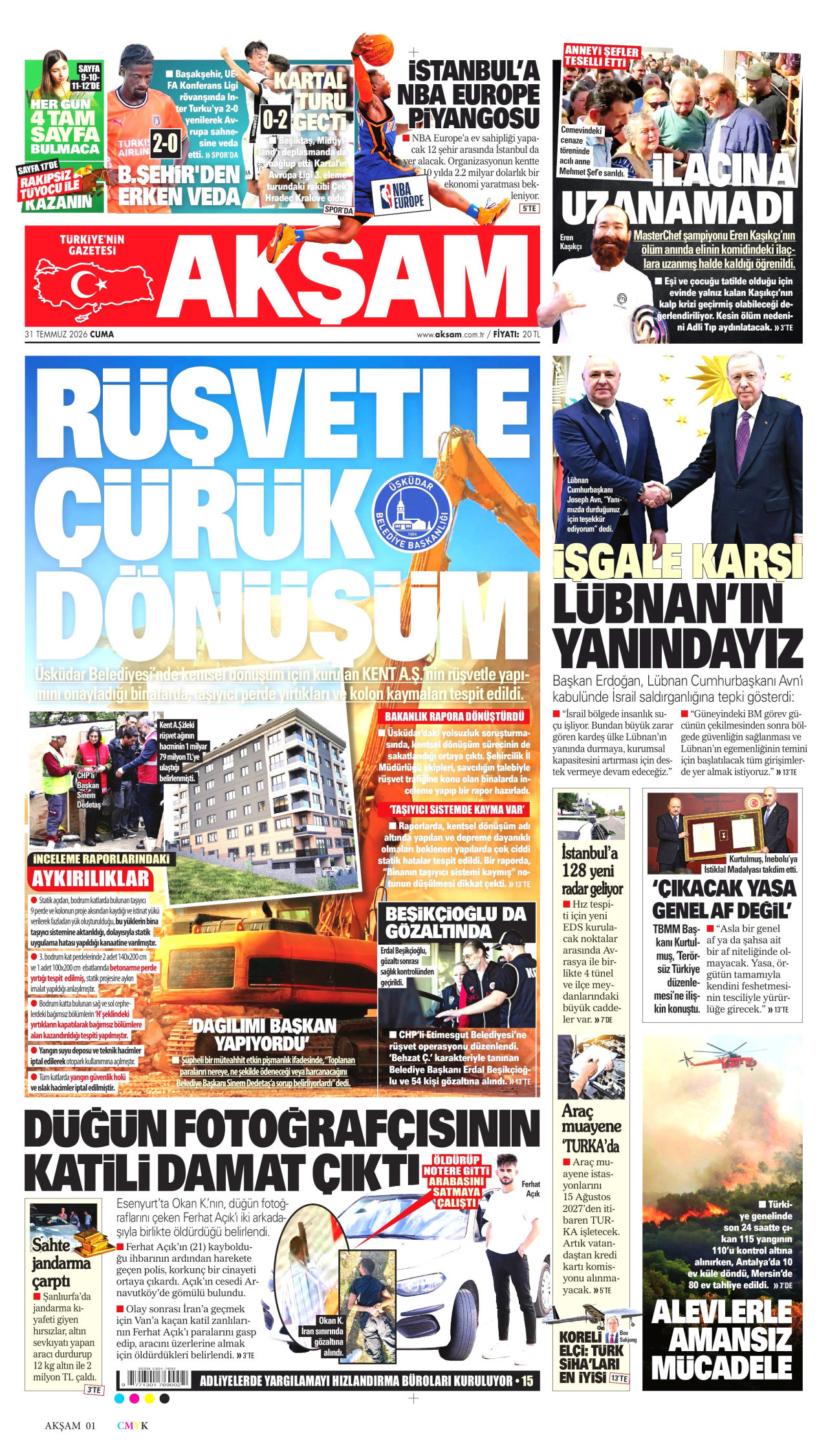 AKŞAM gazetesinin 31 Temmuz 2026 tarihli birinci sayfası