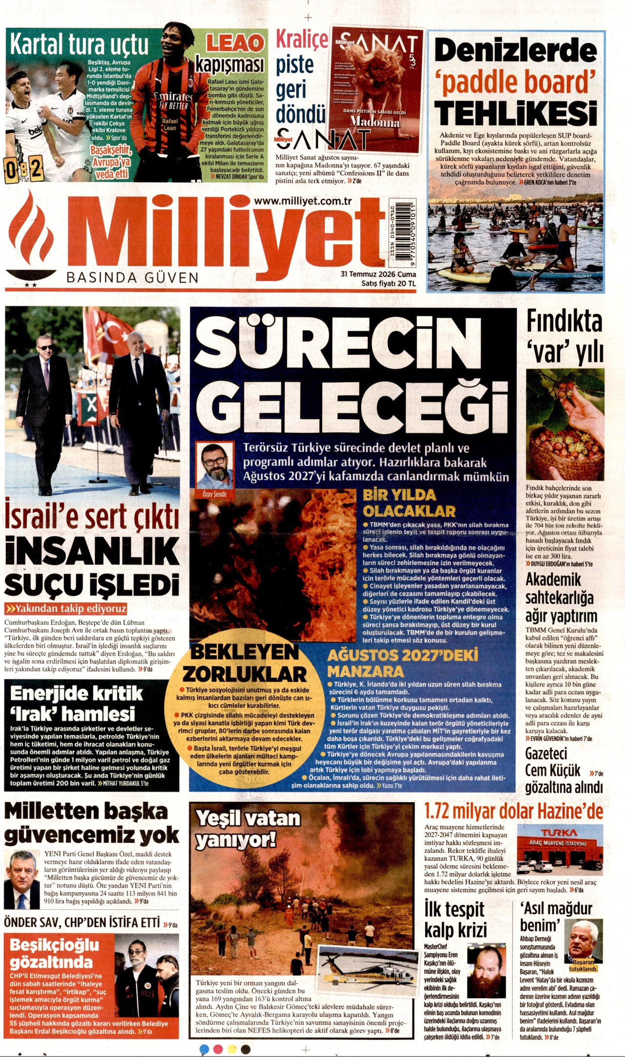 MİLLİYET gazetesinin 31 Temmuz 2026 tarihli birinci sayfası