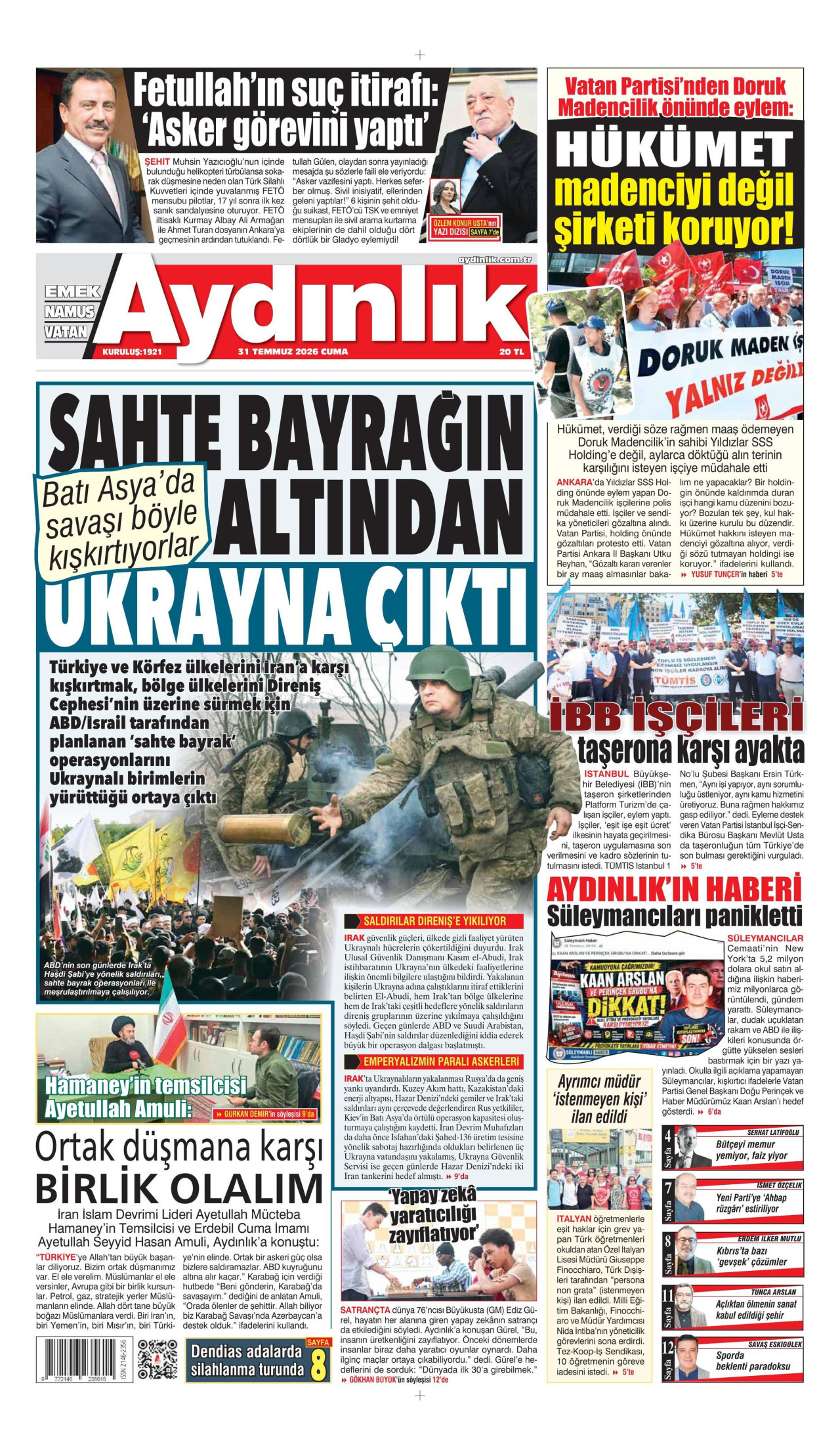 AYDINLIK GAZETESİ gazetesinin 31 Temmuz 2026 tarihli birinci sayfası