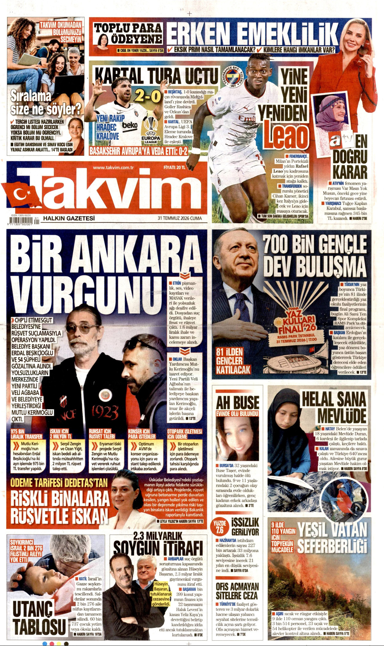 TAKVİM gazetesinin 31 Temmuz 2026 tarihli birinci sayfası
