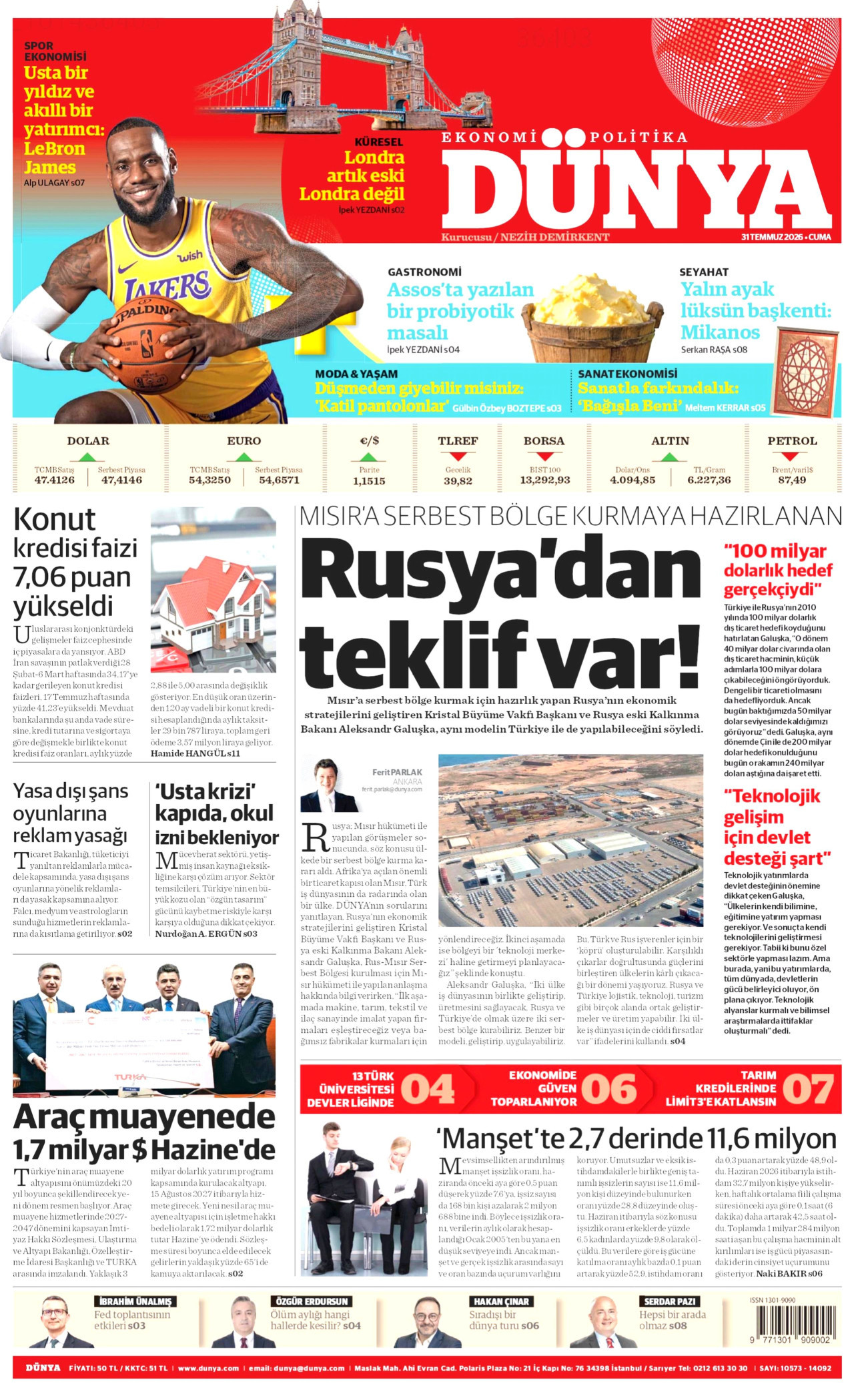 DÜNYA gazetesinin 31 Temmuz 2026 tarihli birinci sayfası