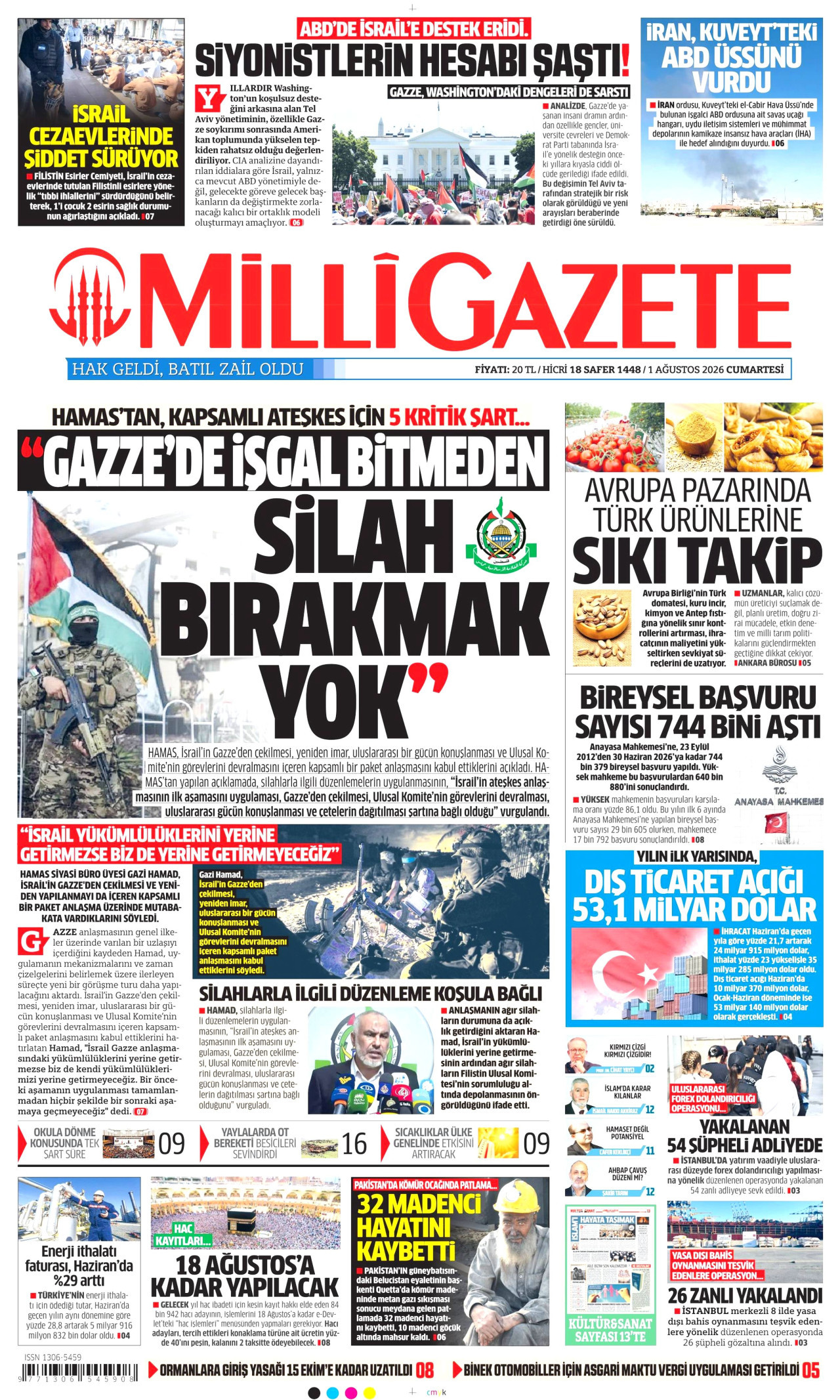 MİLLİ GAZETE gazetesinin 1 Ağustos 2026 tarihli birinci sayfası