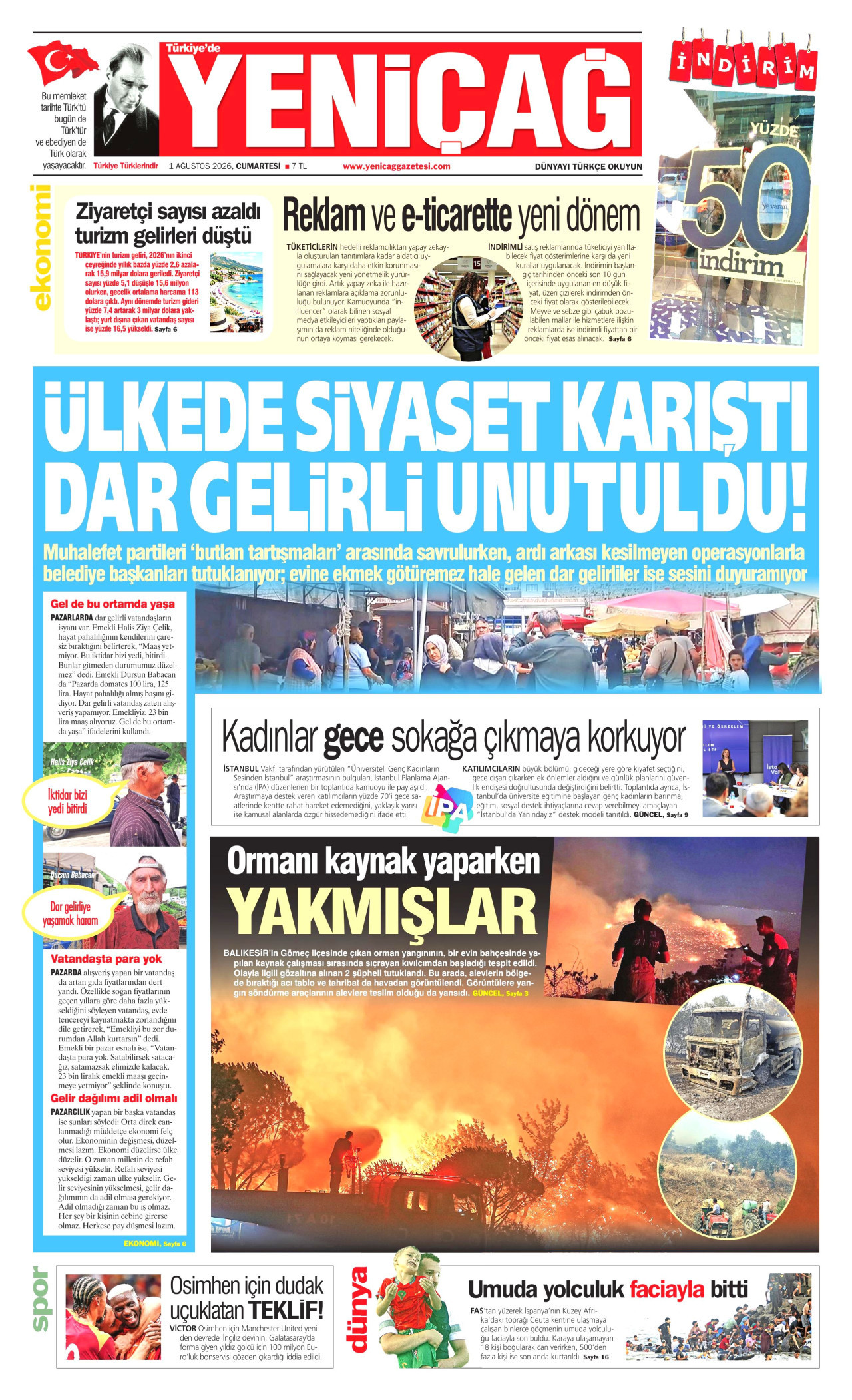 YENİÇAĞ gazetesinin 1 Ağustos 2026 tarihli birinci sayfası