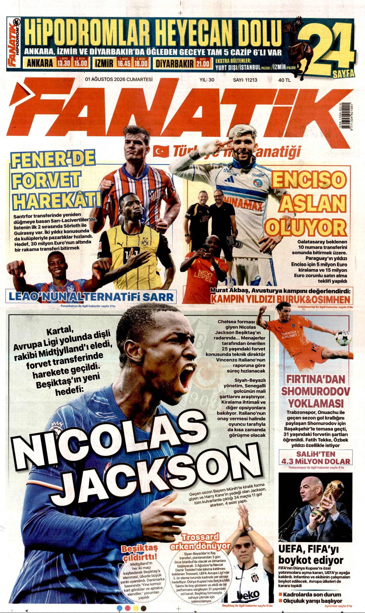 FANATİK gazetesinin 1 Ağustos 2026 tarihli birinci sayfası