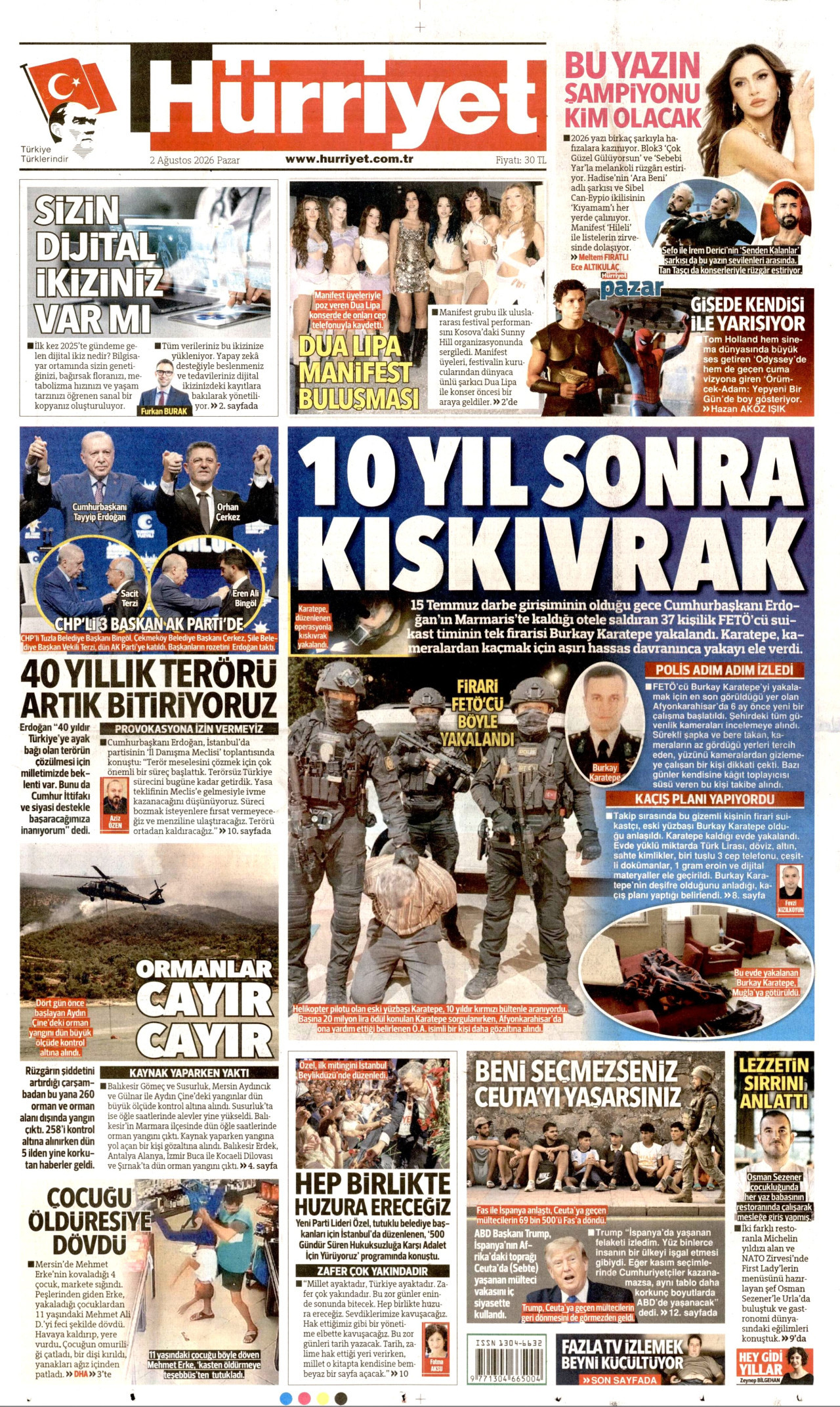 HÜRRİYET gazetesinin 2 Ağustos 2026 tarihli birinci sayfası