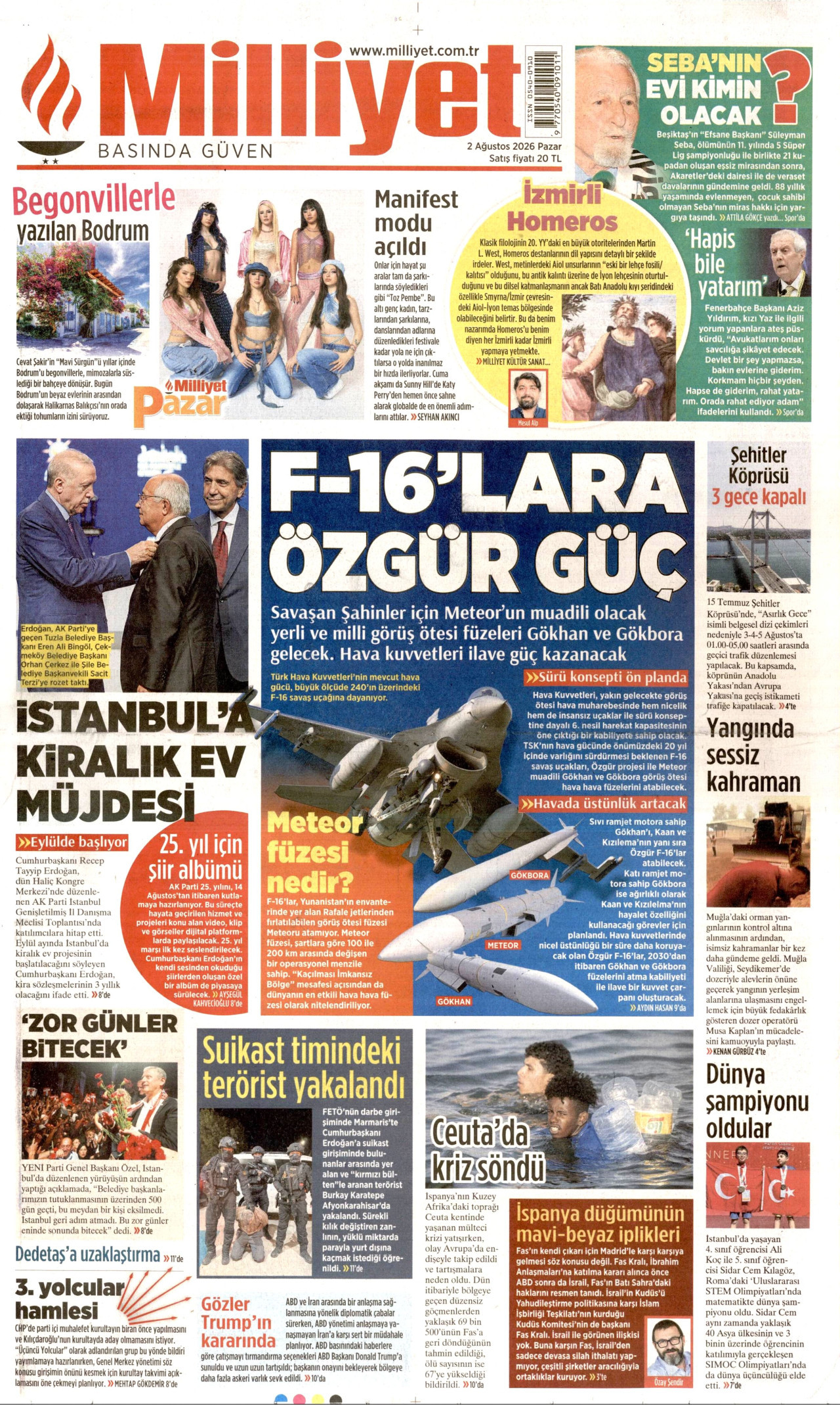 MİLLİYET gazetesinin 2 Ağustos 2026 tarihli birinci sayfası