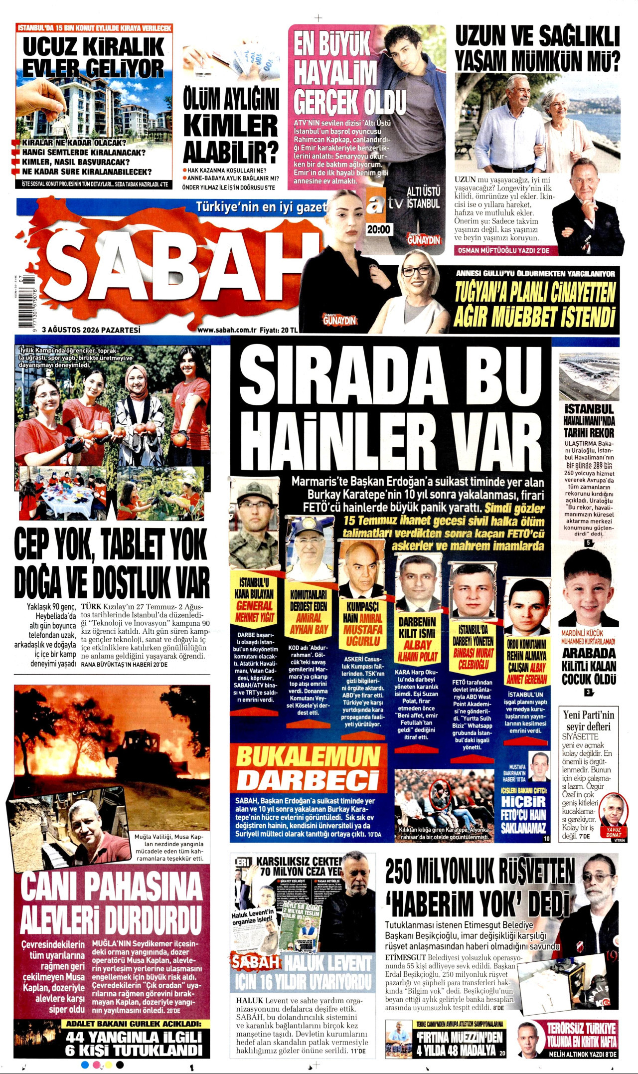 SABAH gazetesinin 3 Ağustos 2026 tarihli birinci sayfası