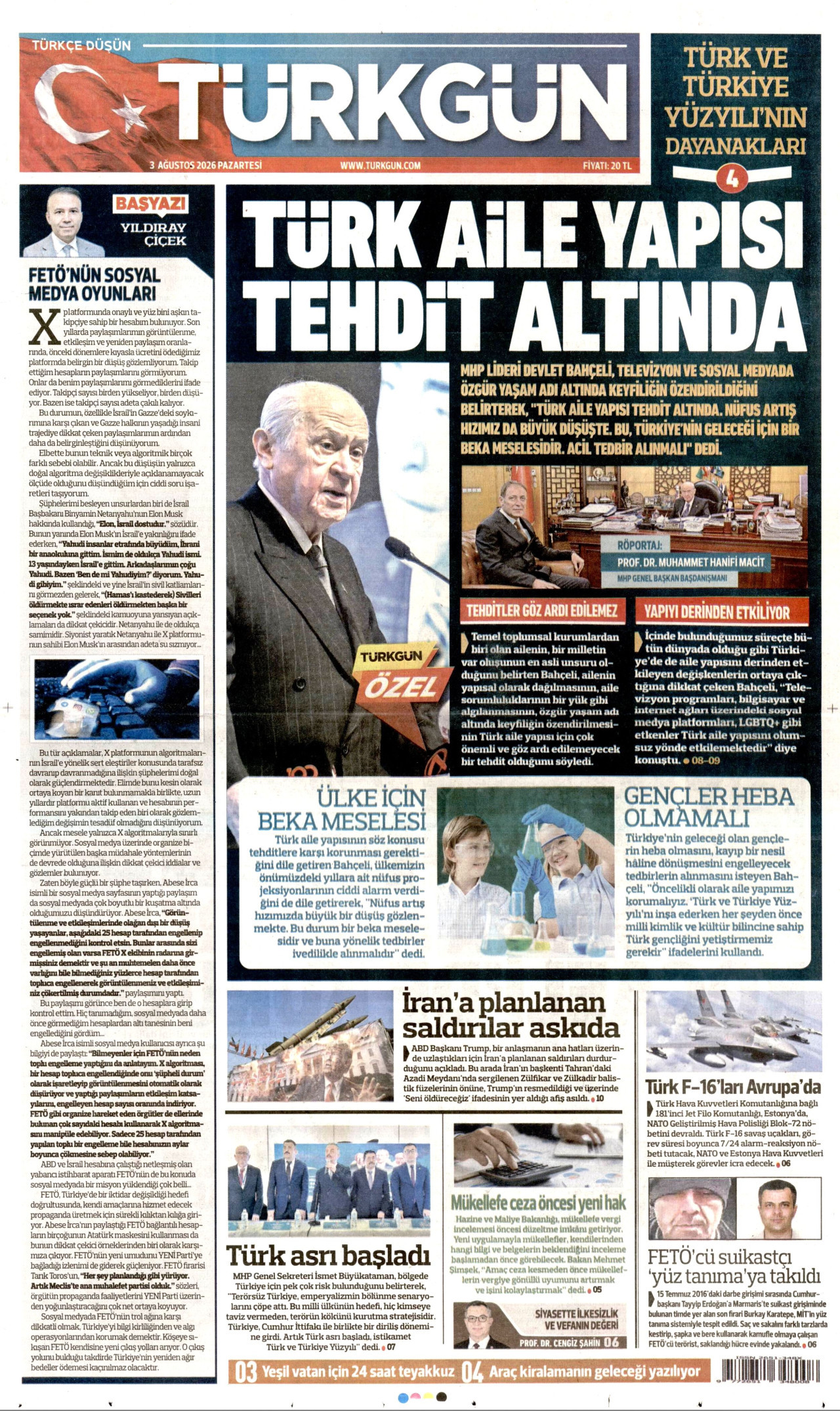 TÜRKGÜN gazetesinin 3 Ağustos 2026 tarihli birinci sayfası