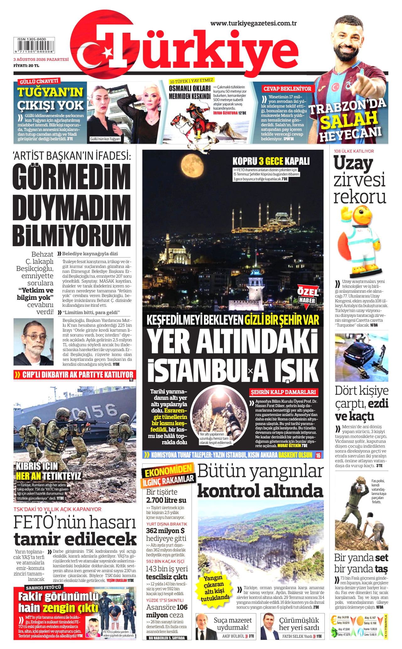 TÜRKİYE GAZETESİ gazetesinin 3 Ağustos 2026 tarihli birinci sayfası