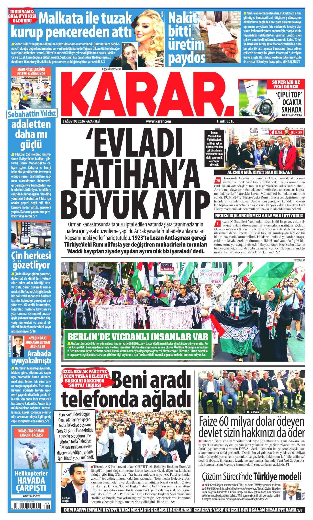 KARAR gazetesinin 3 Ağustos 2026 tarihli birinci sayfası