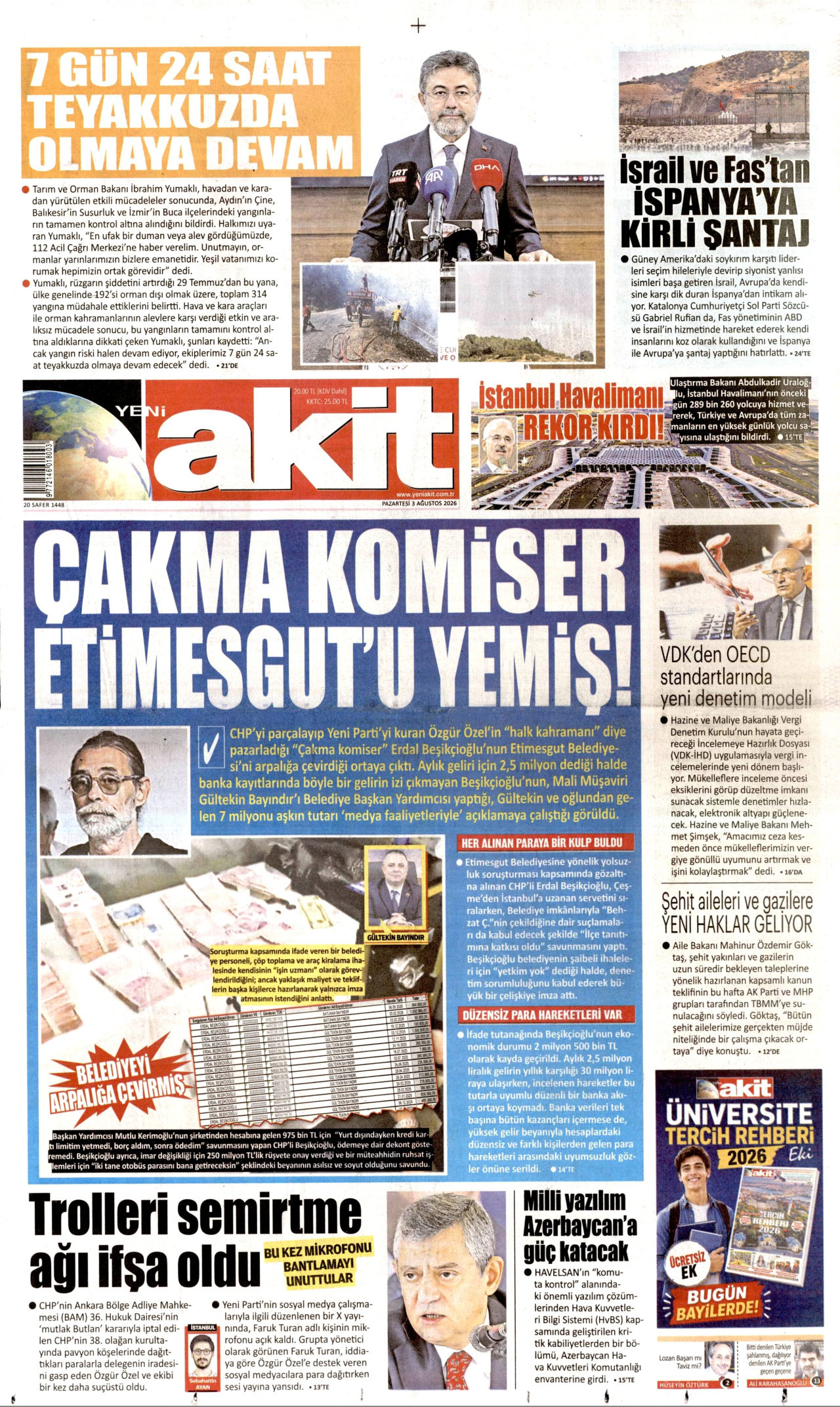 YENİ AKİT gazetesinin 3 Ağustos 2026 tarihli birinci sayfası