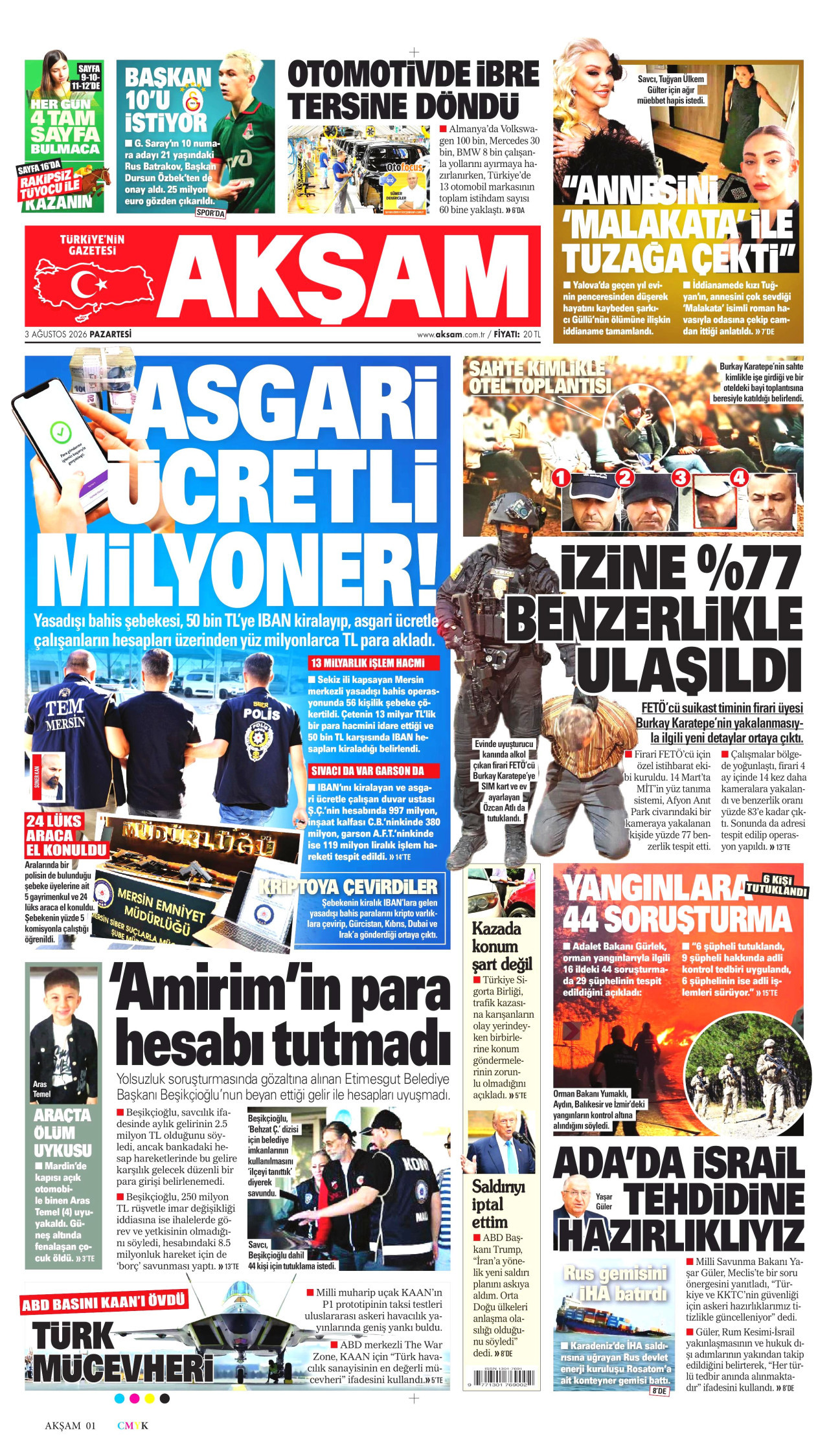 AKŞAM gazetesinin 3 Ağustos 2026 tarihli birinci sayfası
