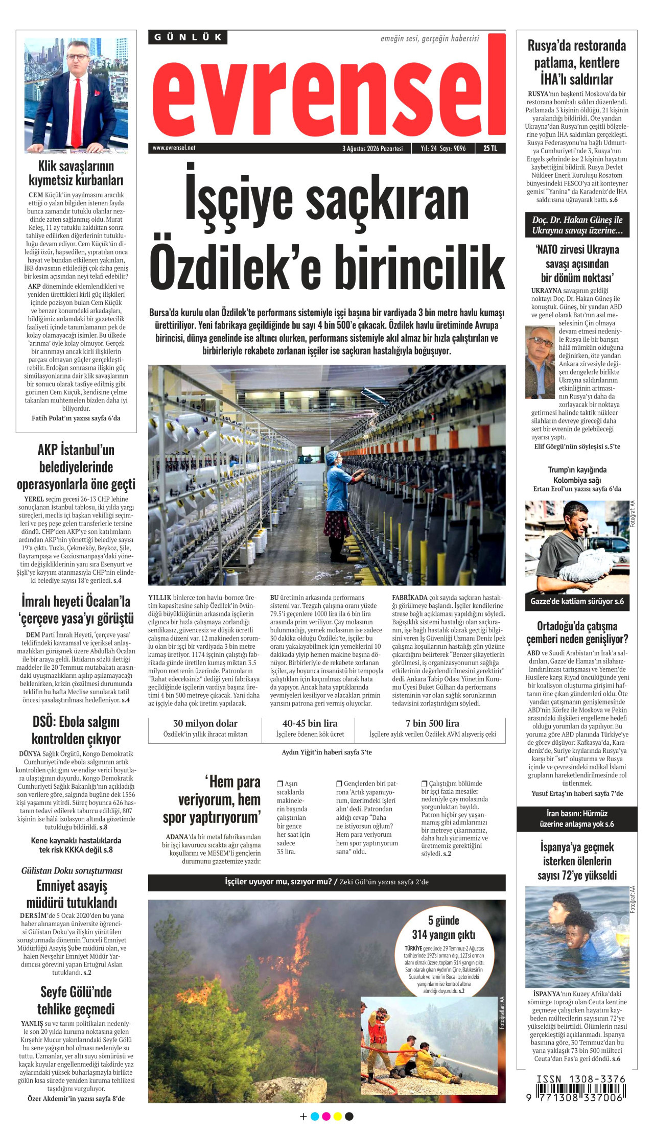 EVRENSEL gazetesinin 3 Ağustos 2026 tarihli birinci sayfası