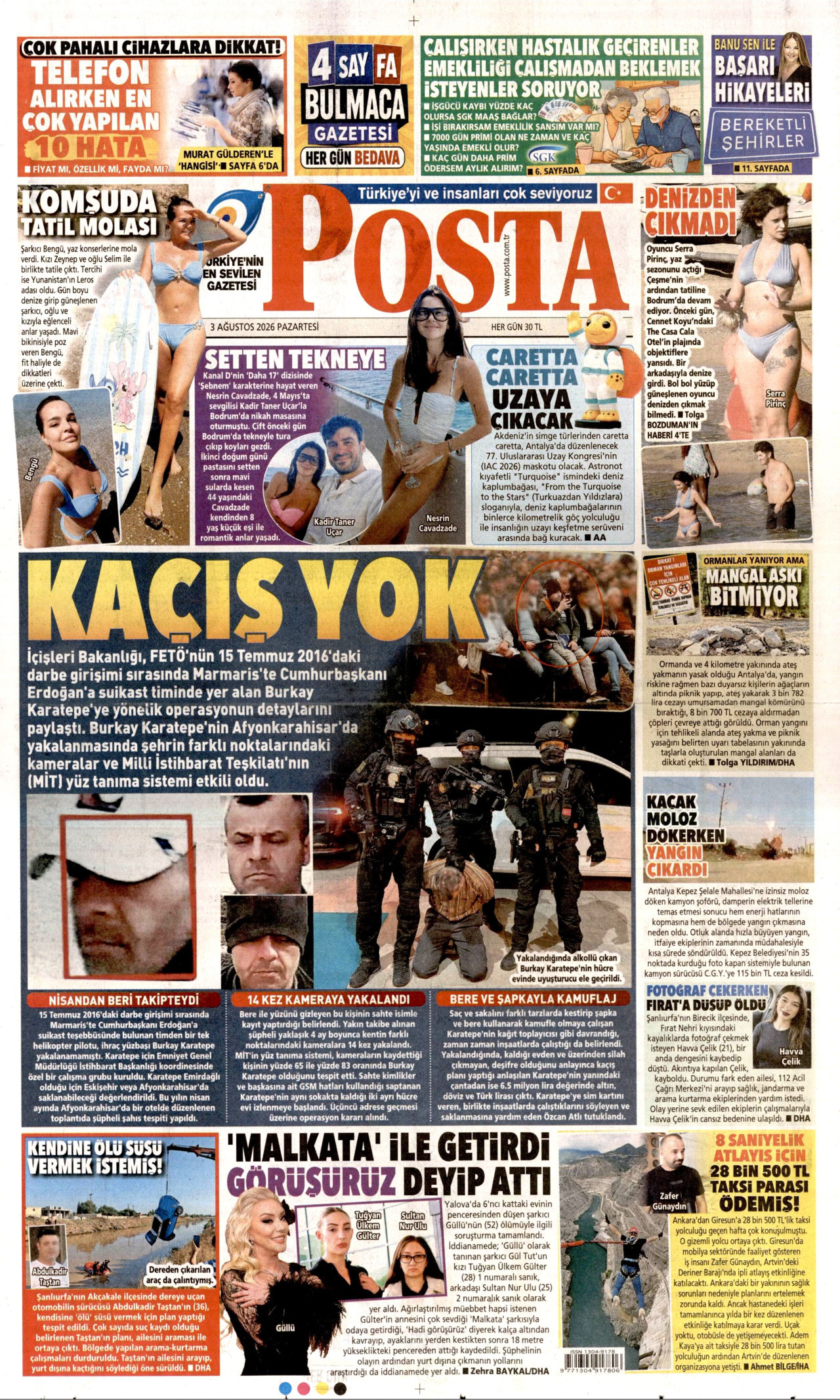 POSTA gazetesinin 3 Ağustos 2026 tarihli birinci sayfası