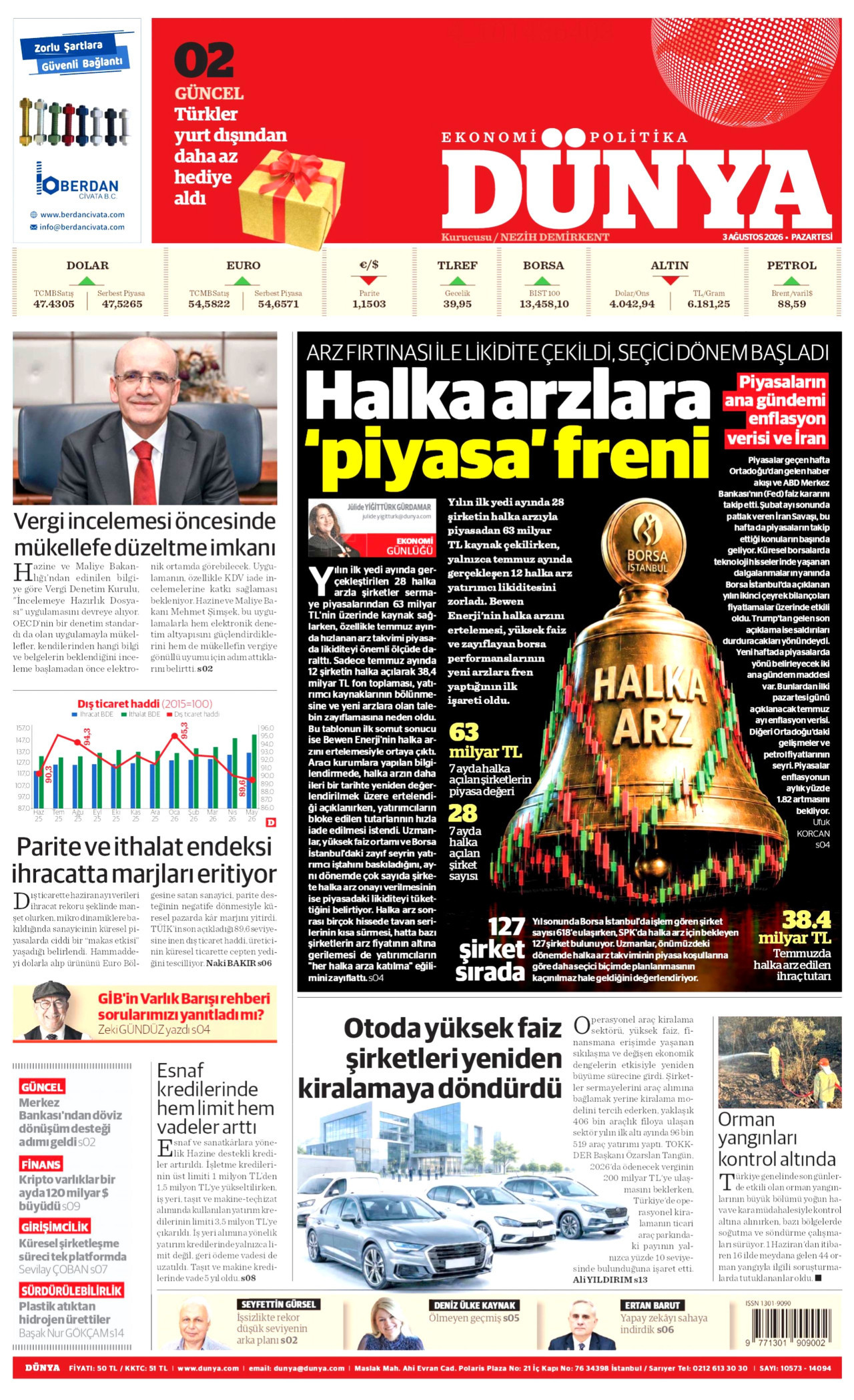 DÜNYA gazetesinin 3 Ağustos 2026 tarihli birinci sayfası